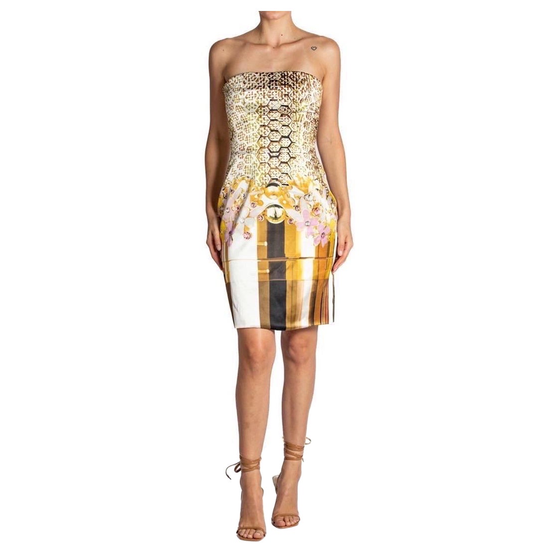 2000S Mary Katrantzou Robe bustier à fleurs en satin de soie noir et or avec impression photographique en vente