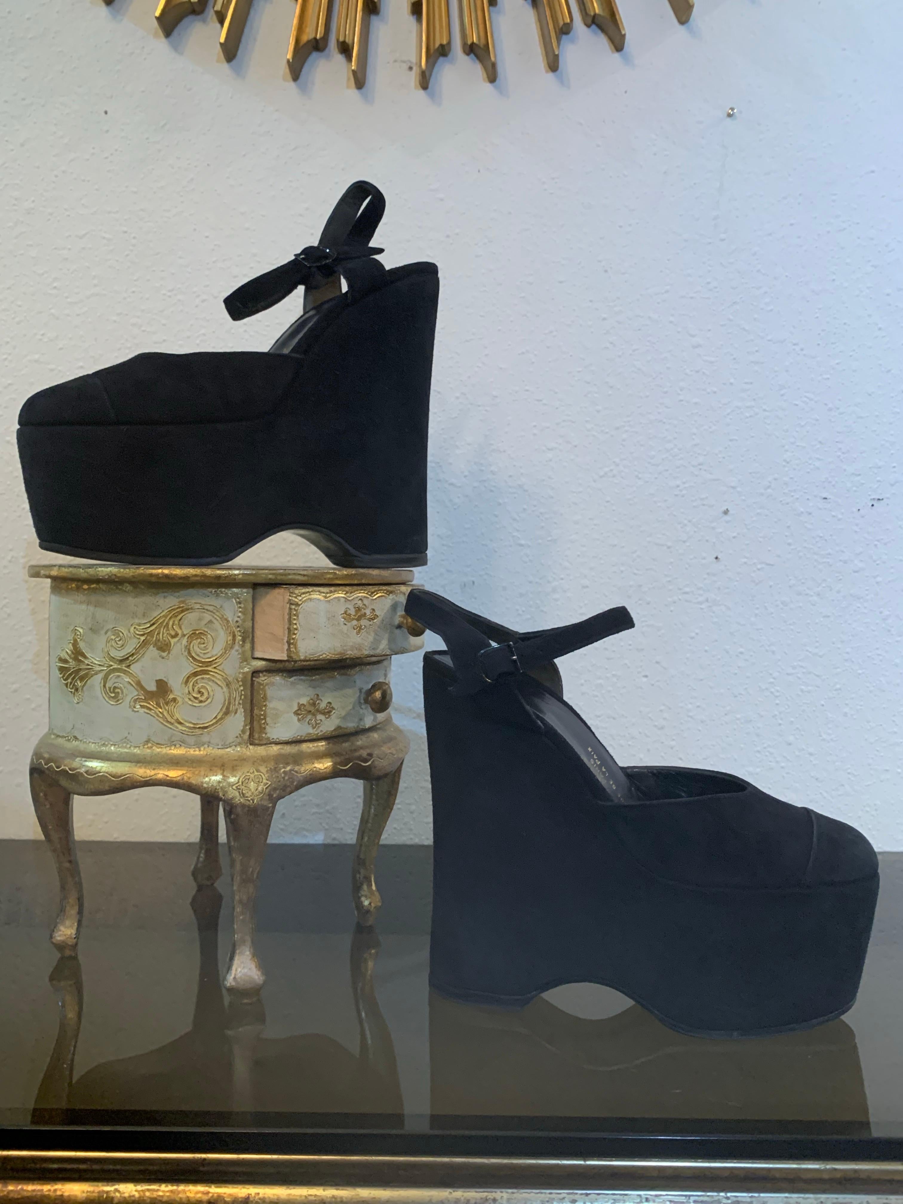 2000s Massaro - Paris,  Black Suede Wedge-Heel Platform w Ankle Straps:  Bespoke platforms are 2