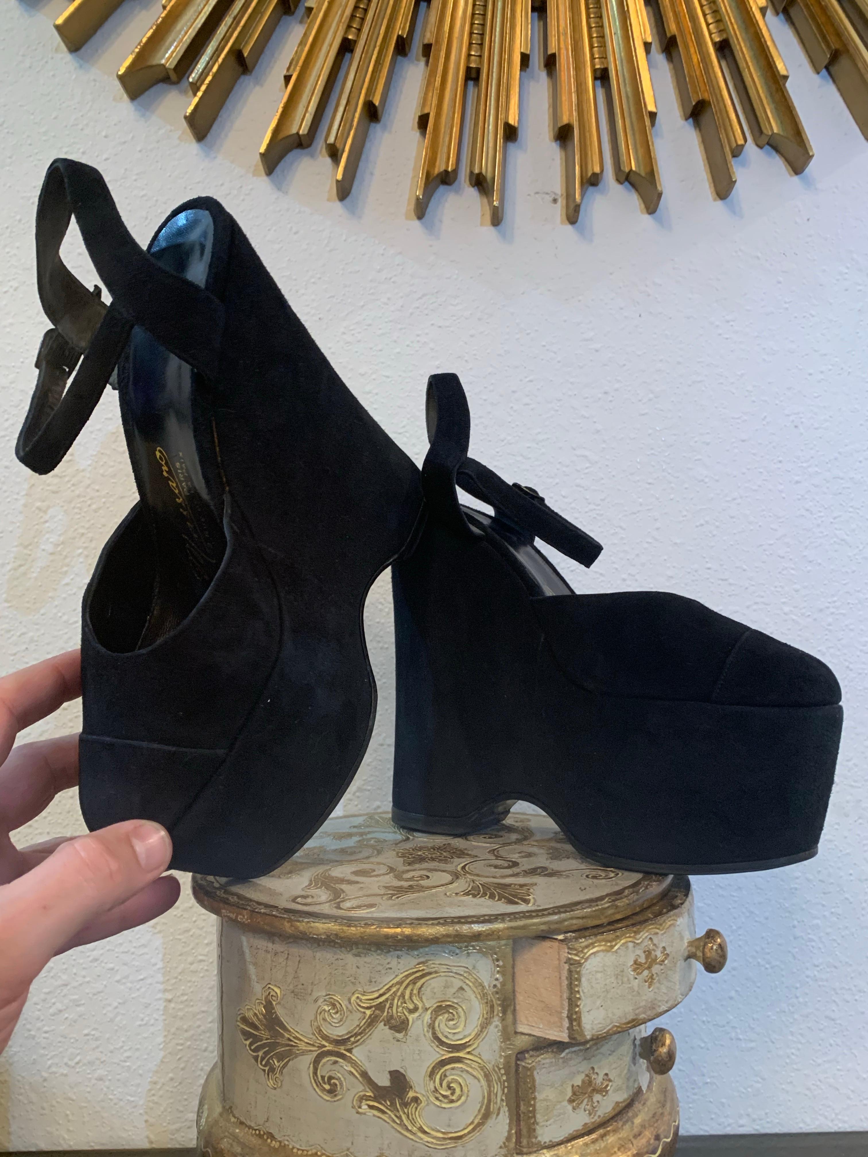 Women's 2000s Massaro - Paris Black Suede Wedge-Heel Platform w Ankle Straps For Sale