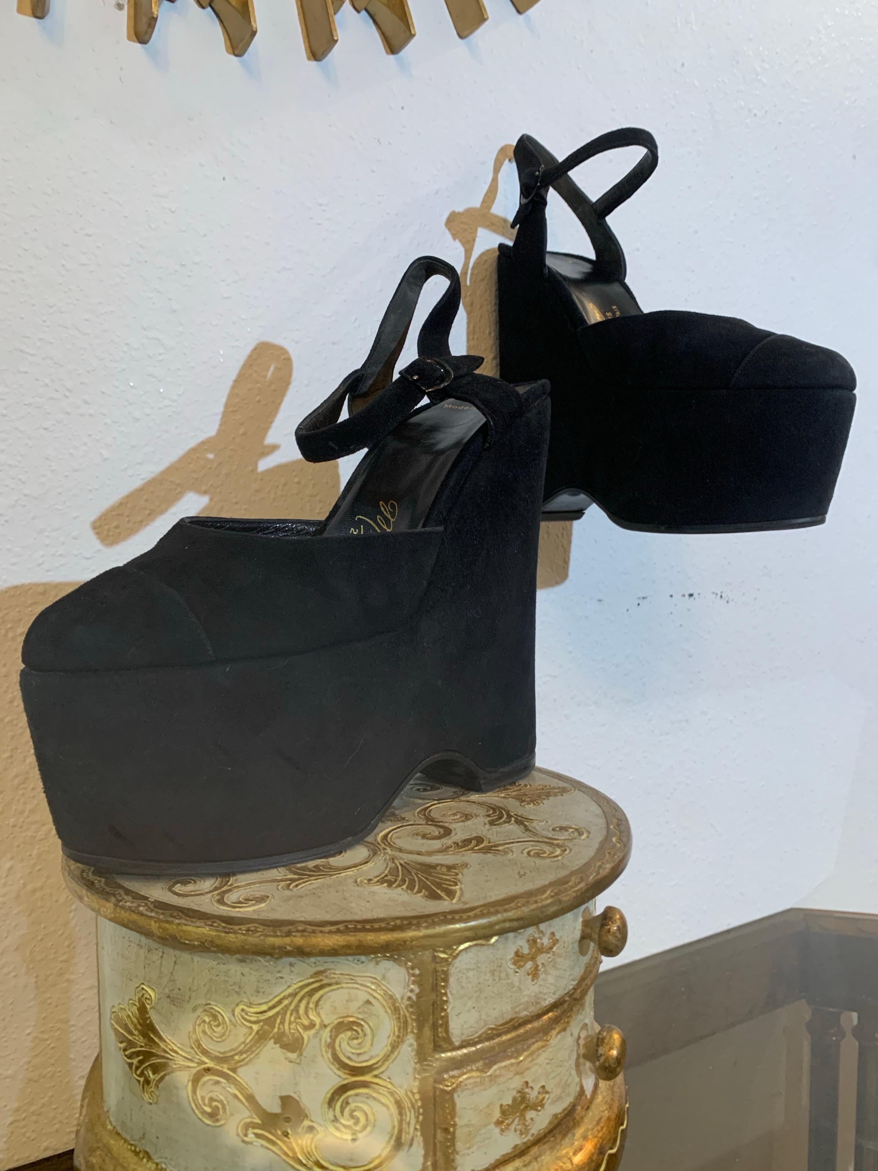 2000s Massaro - Paris Black Suede Wedge-Heel Platform w Ankle Straps For Sale 1