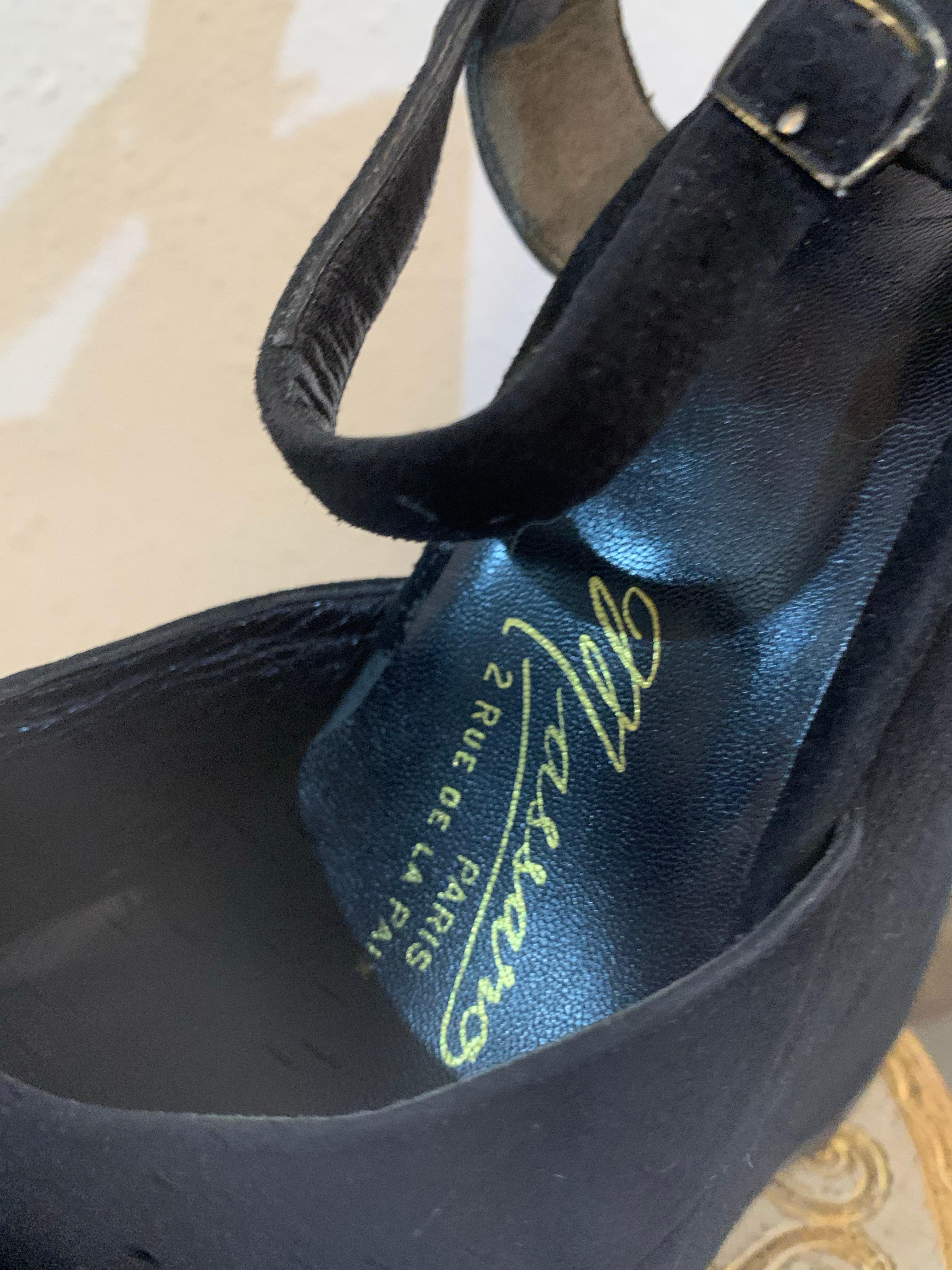 2000s Massaro - Paris Black Suede Wedge-Heel Platform w Ankle Straps For Sale 4