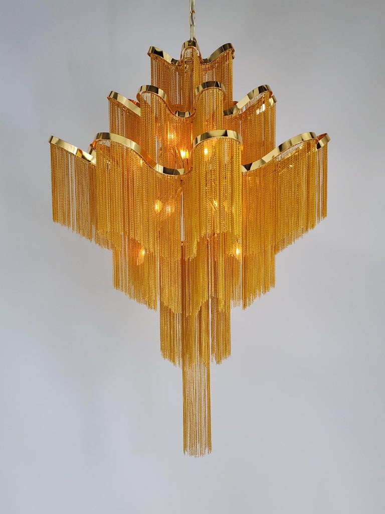 2000s Massive 12 Lights Waterfall Brass Plated Chain Link Chandelier