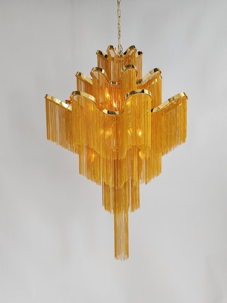 2000s Massive 12 Lights Waterfall Brass Plated Chain Link Chandelier