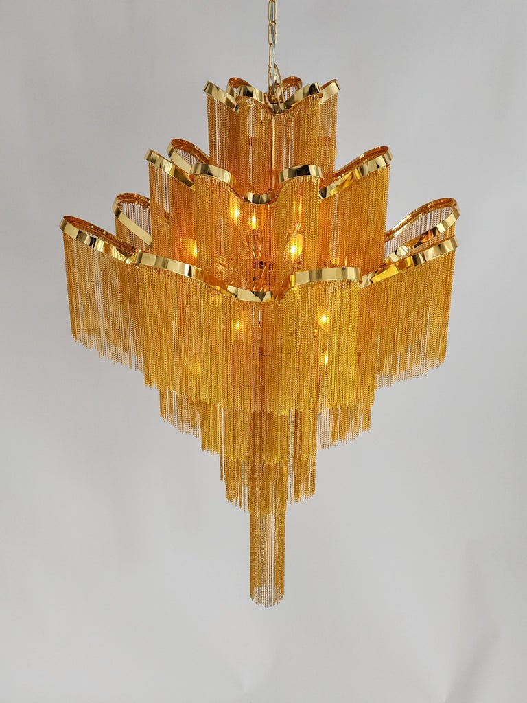 2000s Massive 12 Lights Waterfall Brass Plated Chain Link Chandelier