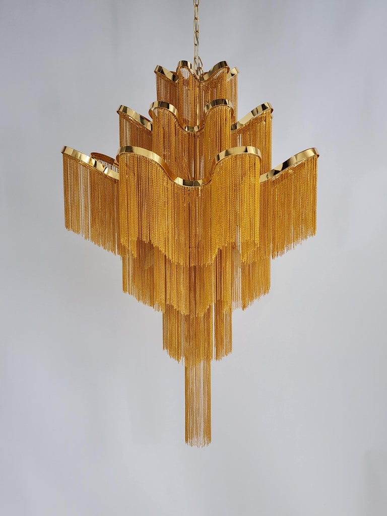 2000s Massive 12 Lights Waterfall Brass Plated Chain Link Chandelier