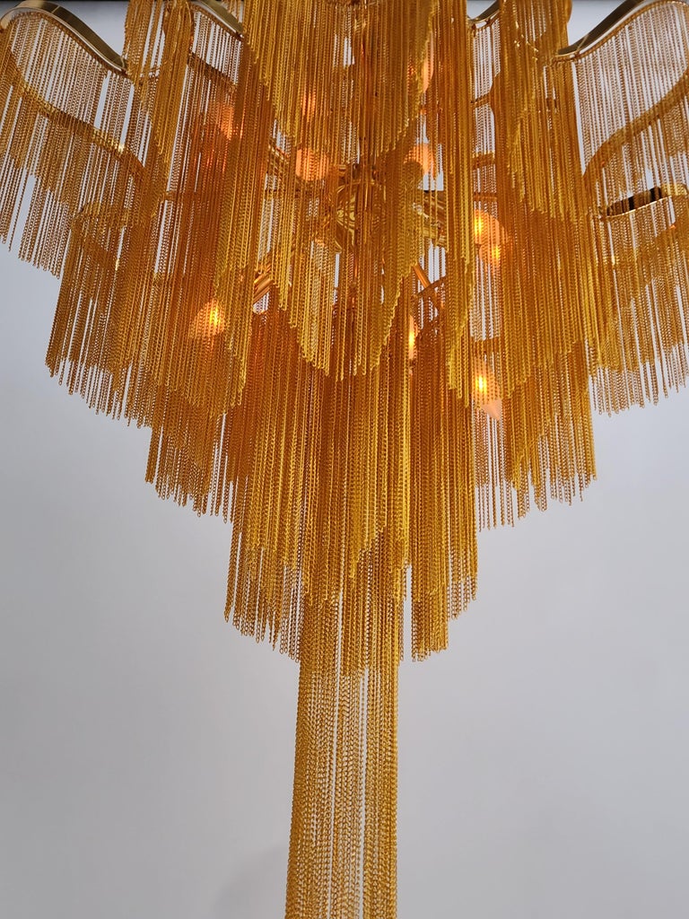 2000s Massive 12 Lights Waterfall Brass Plated Chain Link Chandelier