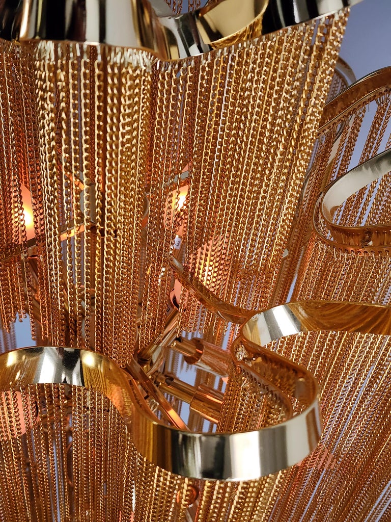 2000s Massive 12 Lights Waterfall Brass Plated Chain Link Chandelier For Sale at 1stDibs