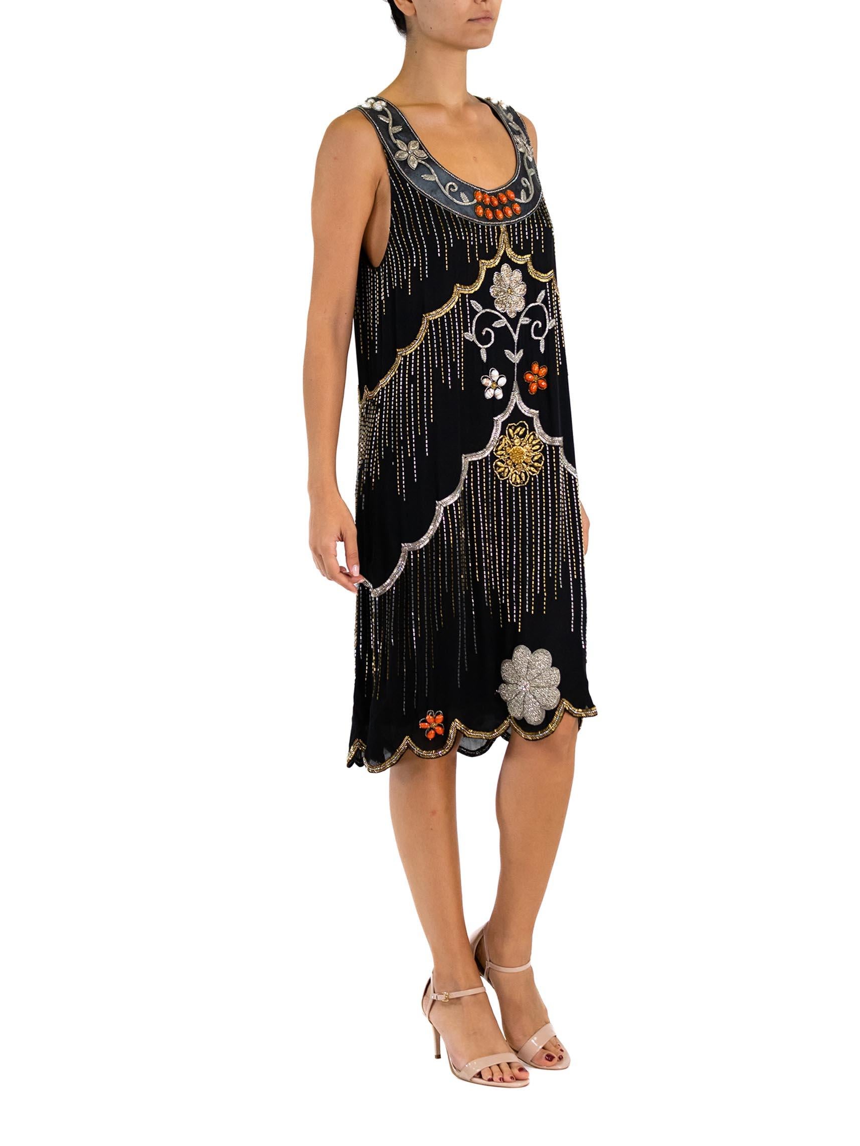 2000S MATTHEW WILLIAMSON Black Silk 1920S Style Bead Embroidered Dress With Lea In Excellent Condition For Sale In New York, NY