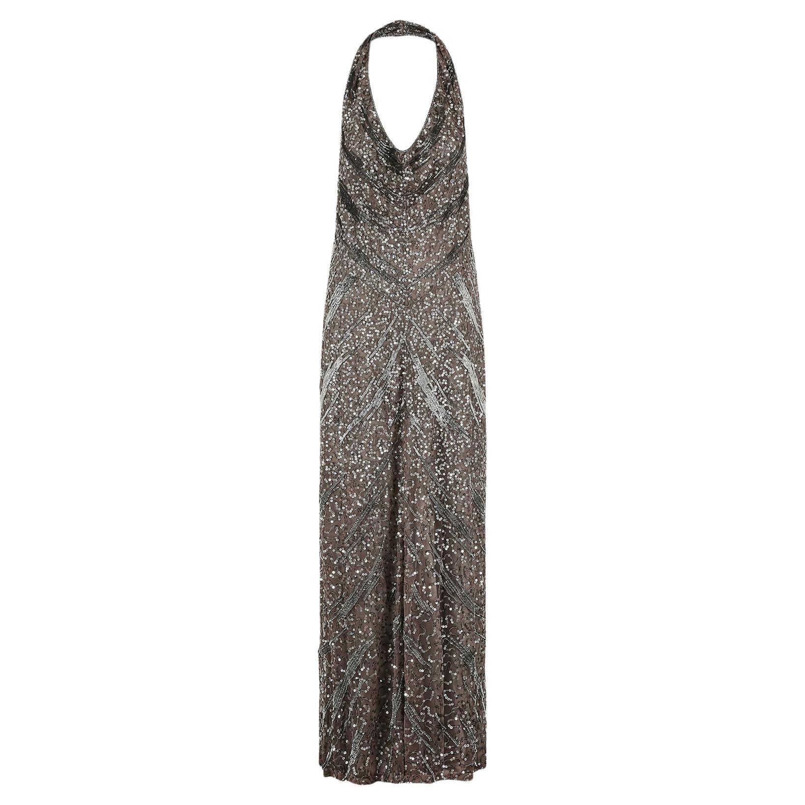 2000s Max Mara Vestido de lentejuelas plateadas con cuello halter en venta