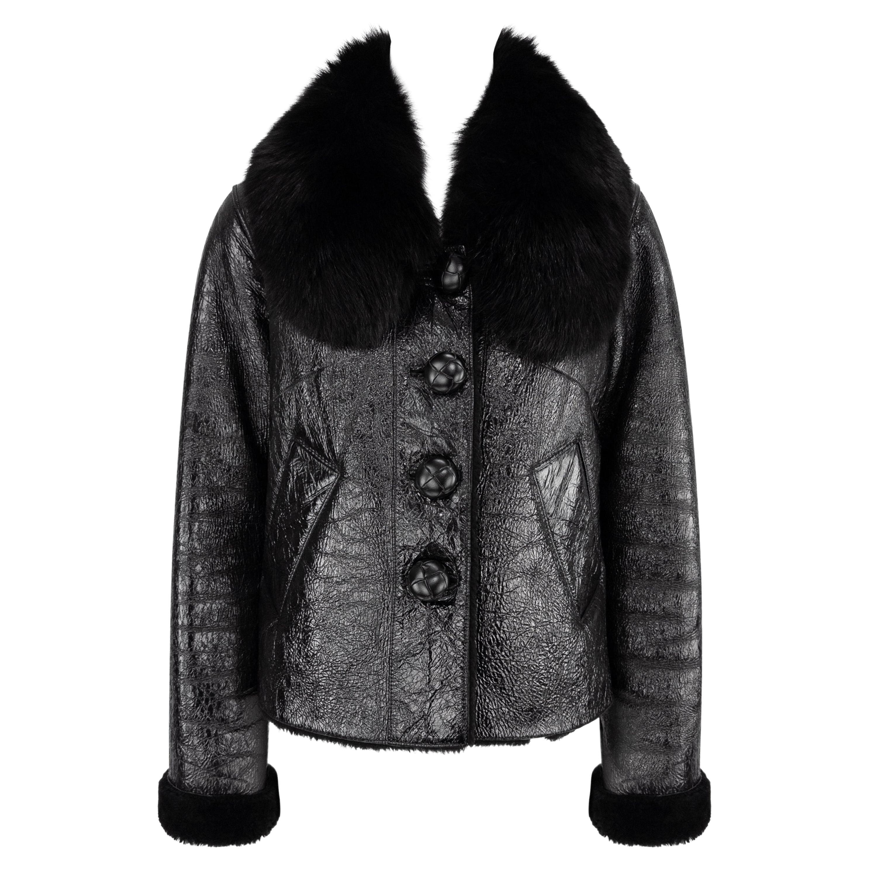 2000s Michael Kors Collection Black Patent Leather Shearling Fur Cropped Jacket