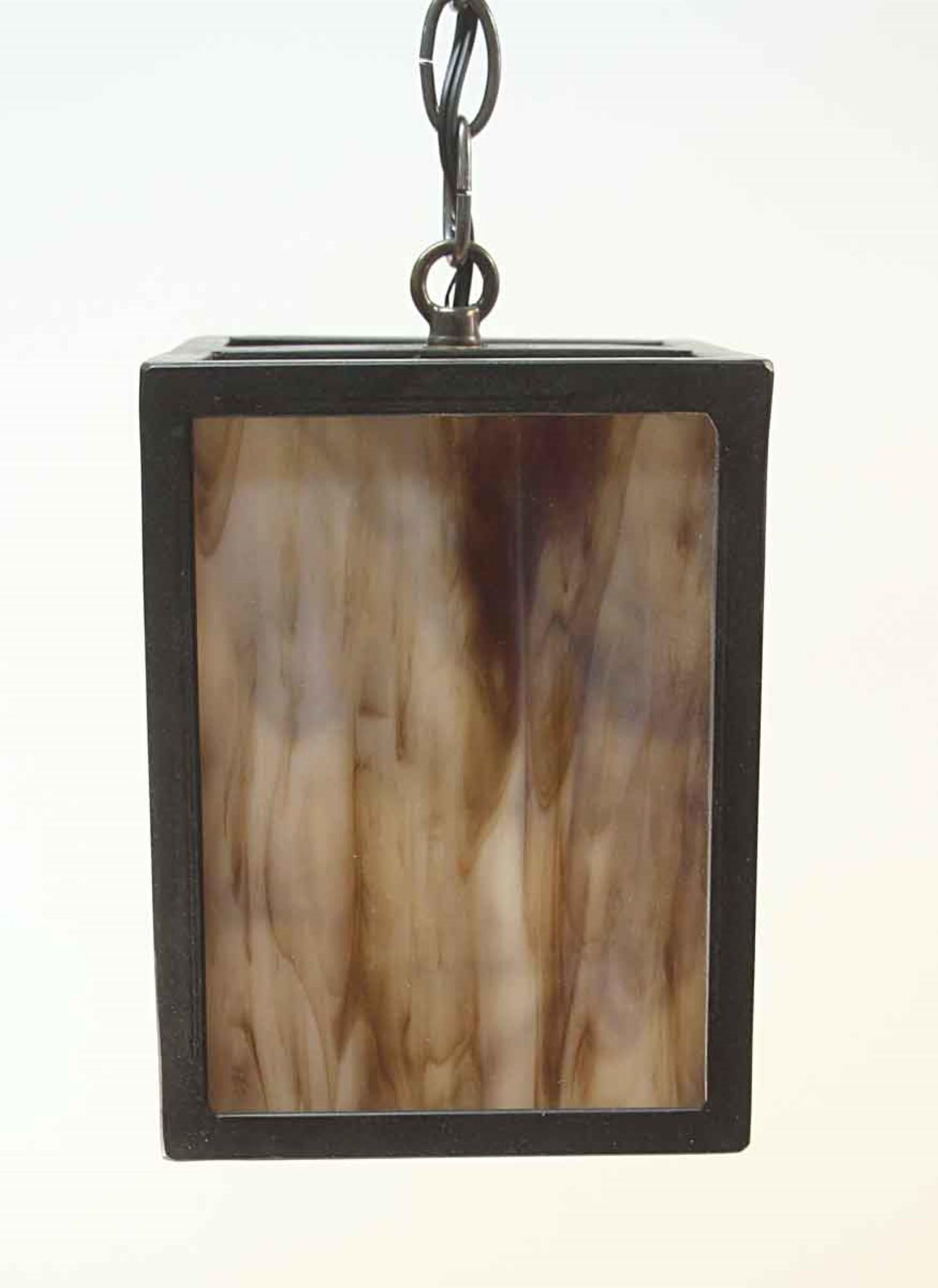 American  2000s Stained Glass Lantern Pendant Light with Iron Frame Mid-Century Modern