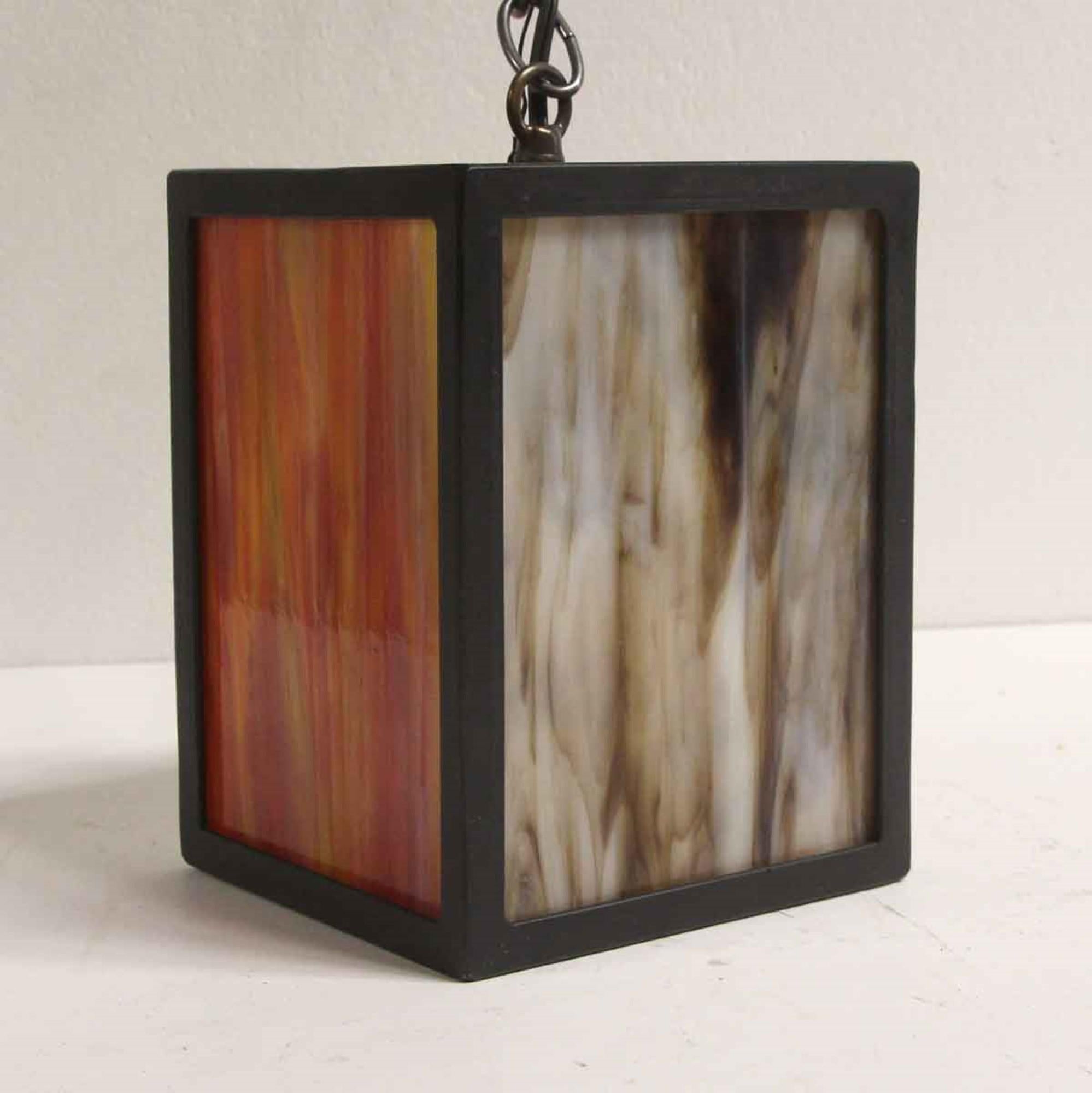  2000s Stained Glass Lantern Pendant Light with Iron Frame Mid-Century Modern 1