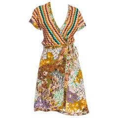 2000S MISSONI Brown, Peach & Teal Rayon Blend Knit Floral Silk Charmeuse Wrap Dr