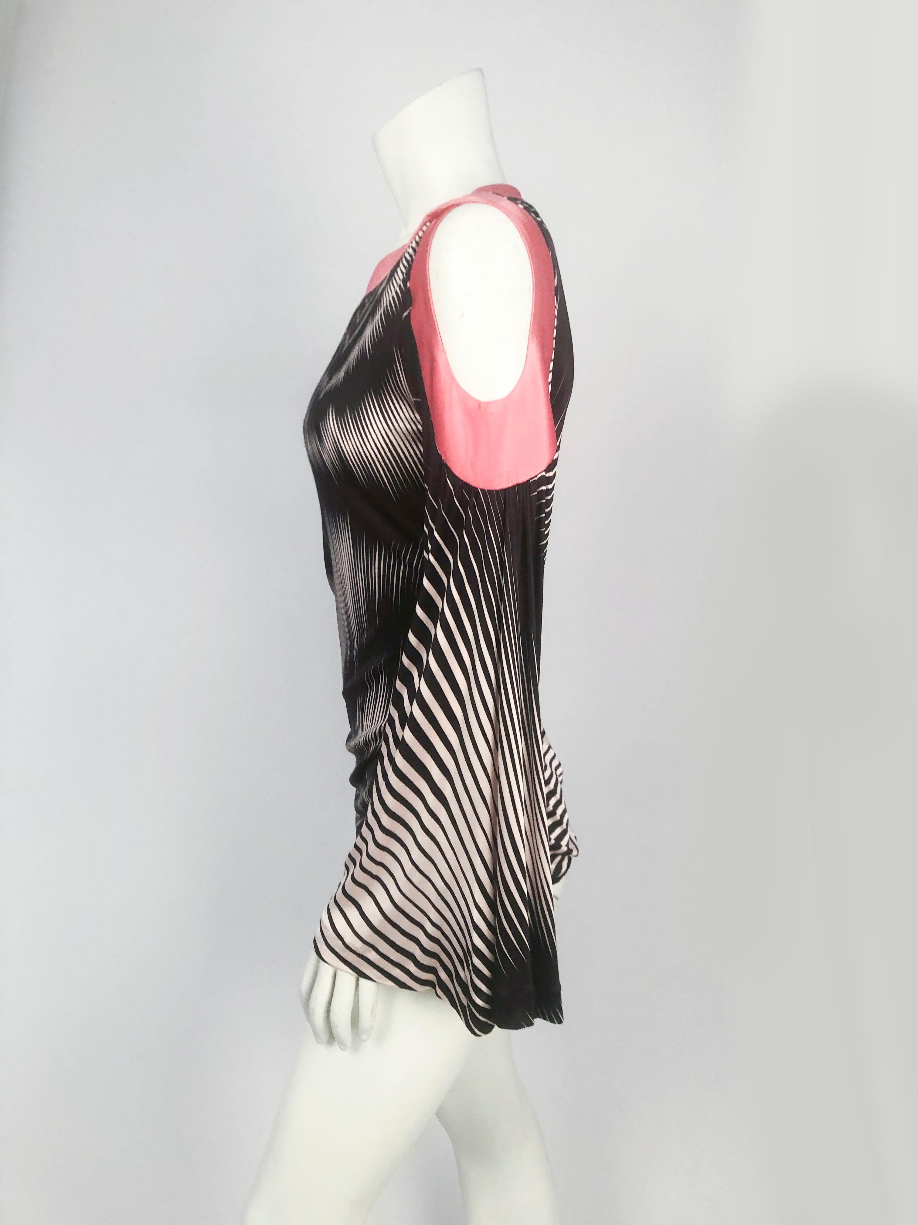 2000s Missoni Printed Blouse with Bell Sleeves, pop art print, hot pink boat neckline, and open shoulders. The sides of this blouse are rouched to create a draped effect