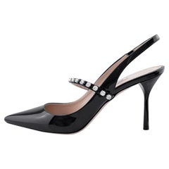 2000er Miu Schwarze Lackleder-Sling Backs mit Kristallen