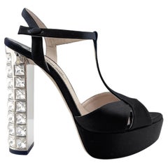 Anni 2000 Miu Miu - Piattaforme in raso nero con tacchi impreziositi da cristalli