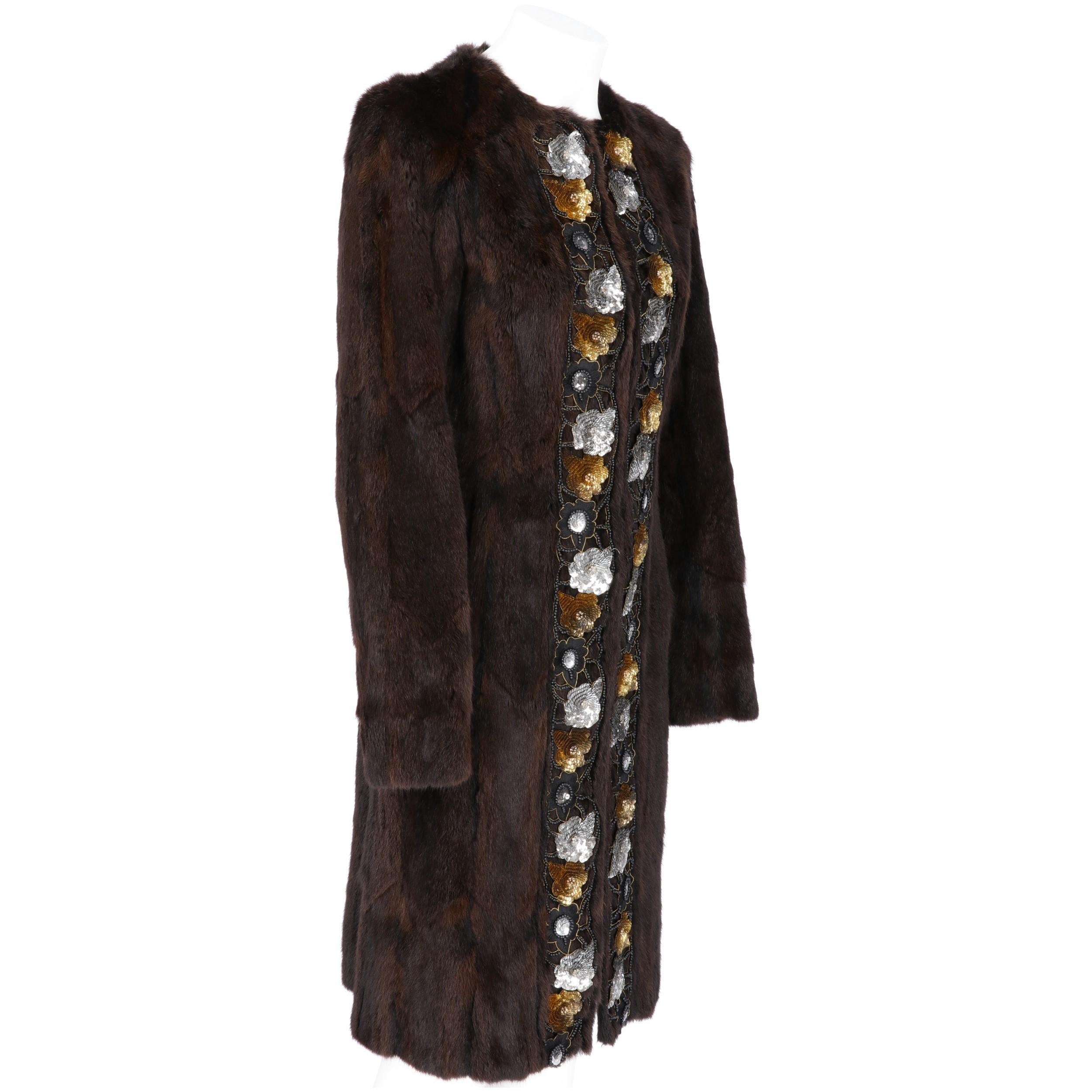 Miu Miu round neck long soft hamster fur coat dyed in brown color, with long sleeves, hooks and eyes fastening, frontal hidden pockets, shiny sequins and beads floral embroidery and unlined interior.

Please note this item cannot be shipped outside