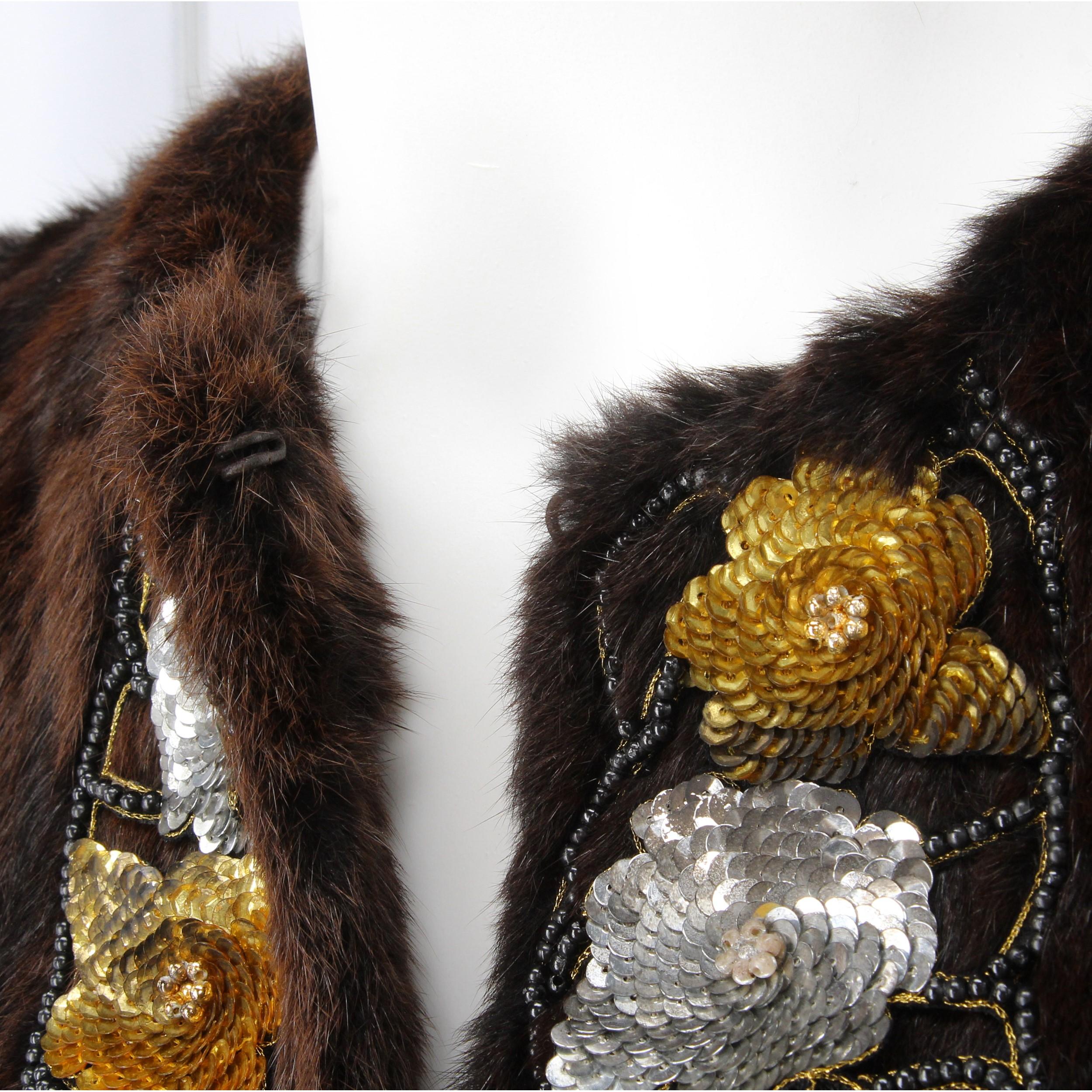 Women's 2000s Miu Miu Brown Hamster Fur Coat with Beads and Sequins floral applications