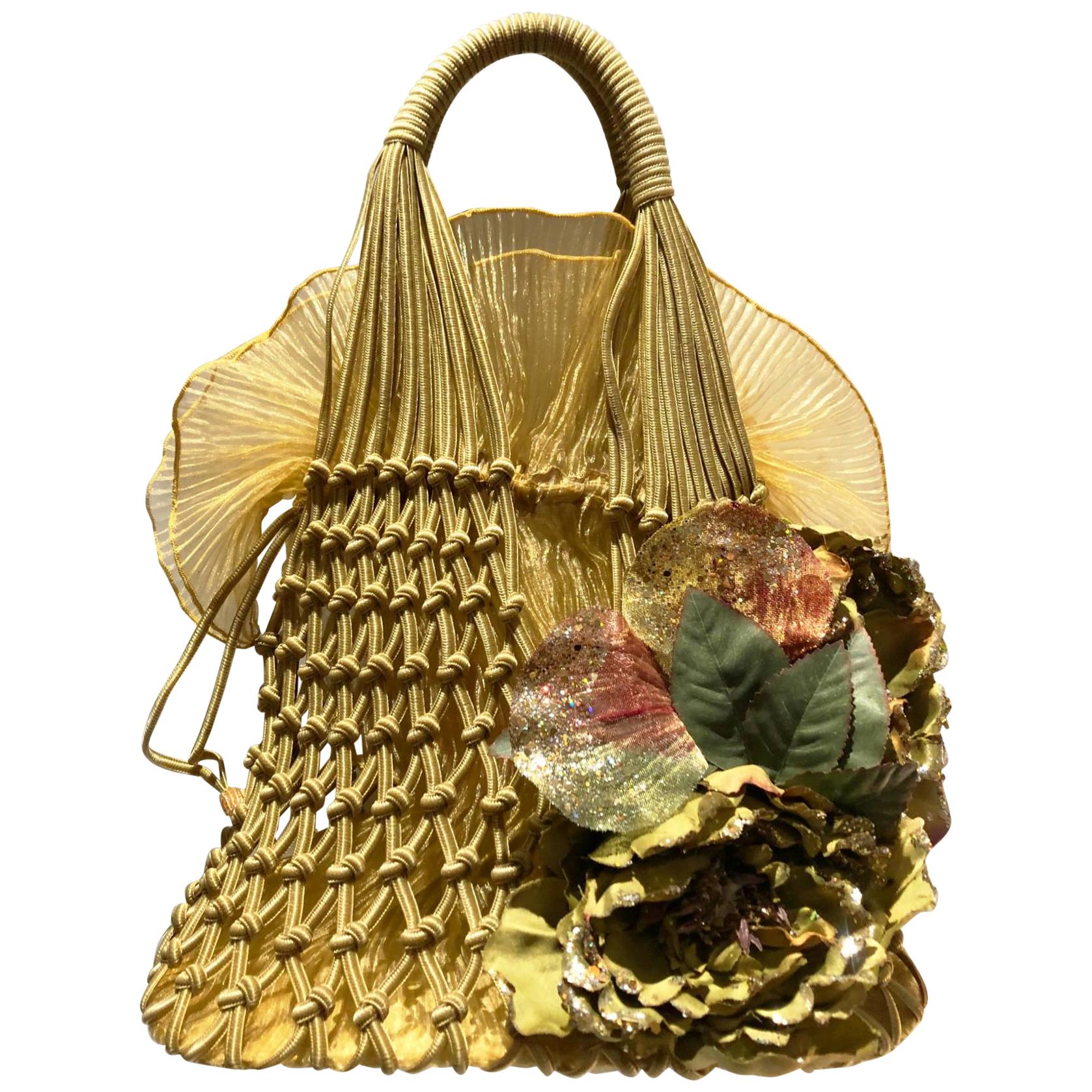 2000s miu miu gold organza net tote bag