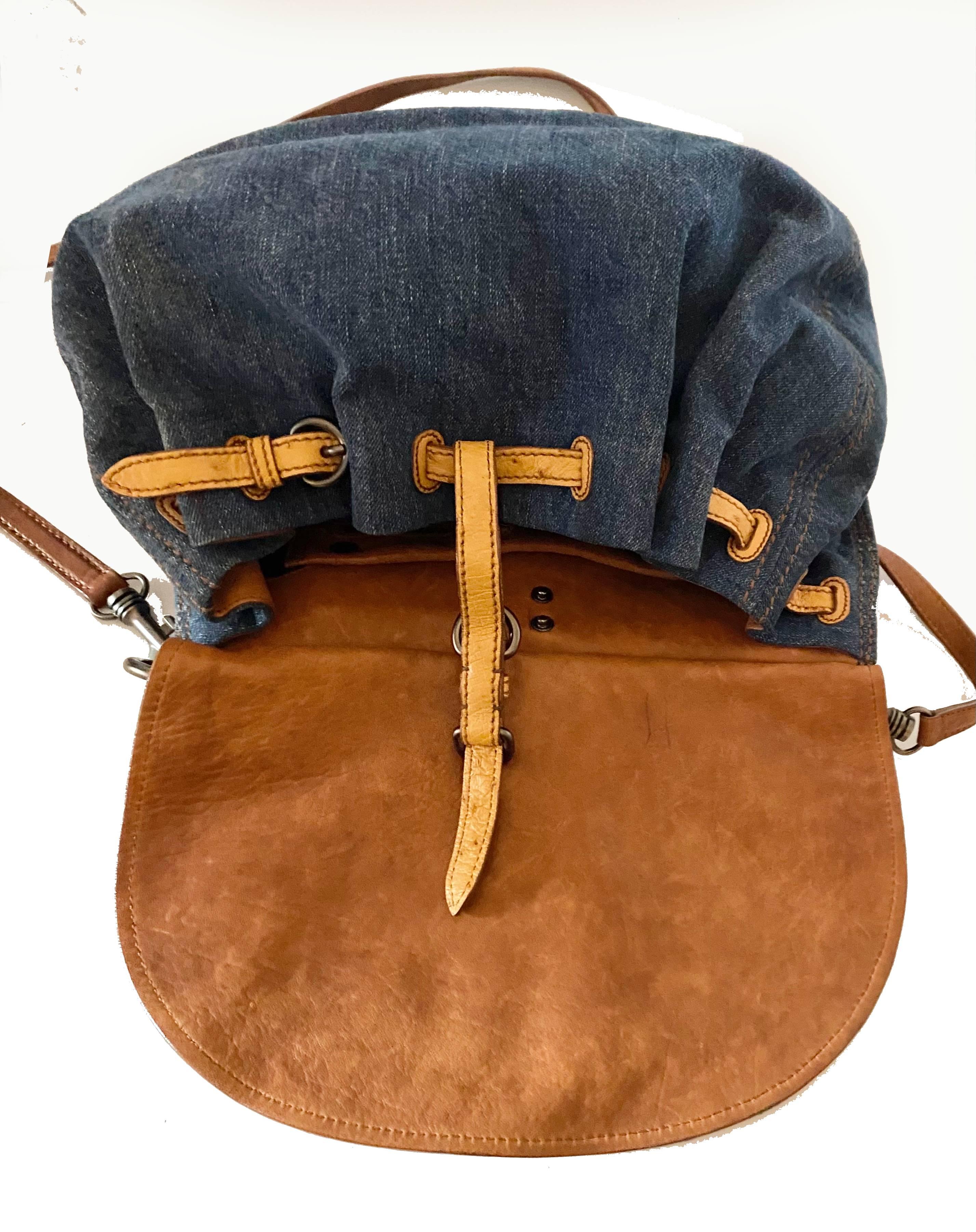 2000s miu miu Leather Denim Hobo Shoulder Bag 3