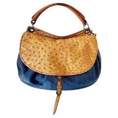 2000s miu miu Leather Denim Hobo Shoulder Bag