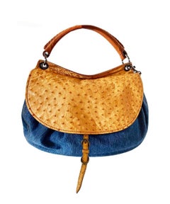 2000s miu miu Ostrich Leather and Denim Hobo Bag 