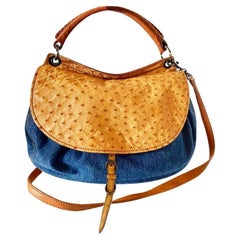 Used 2000s miu miu Tan Leather Denim Hobo Shoulder Bag 