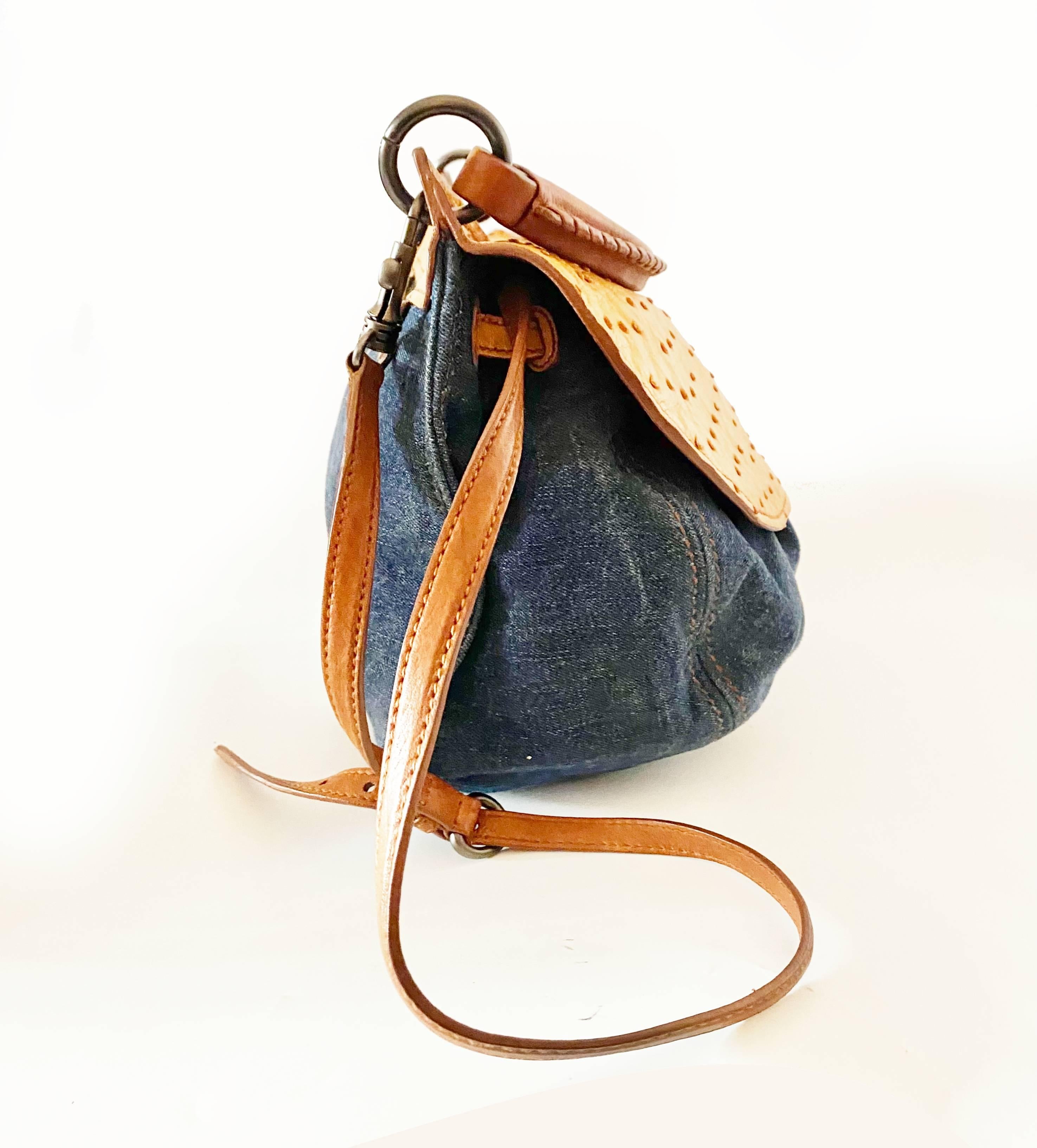 2000s miu miu Leather and Denim Hobo Bag In Good Condition In London, GB