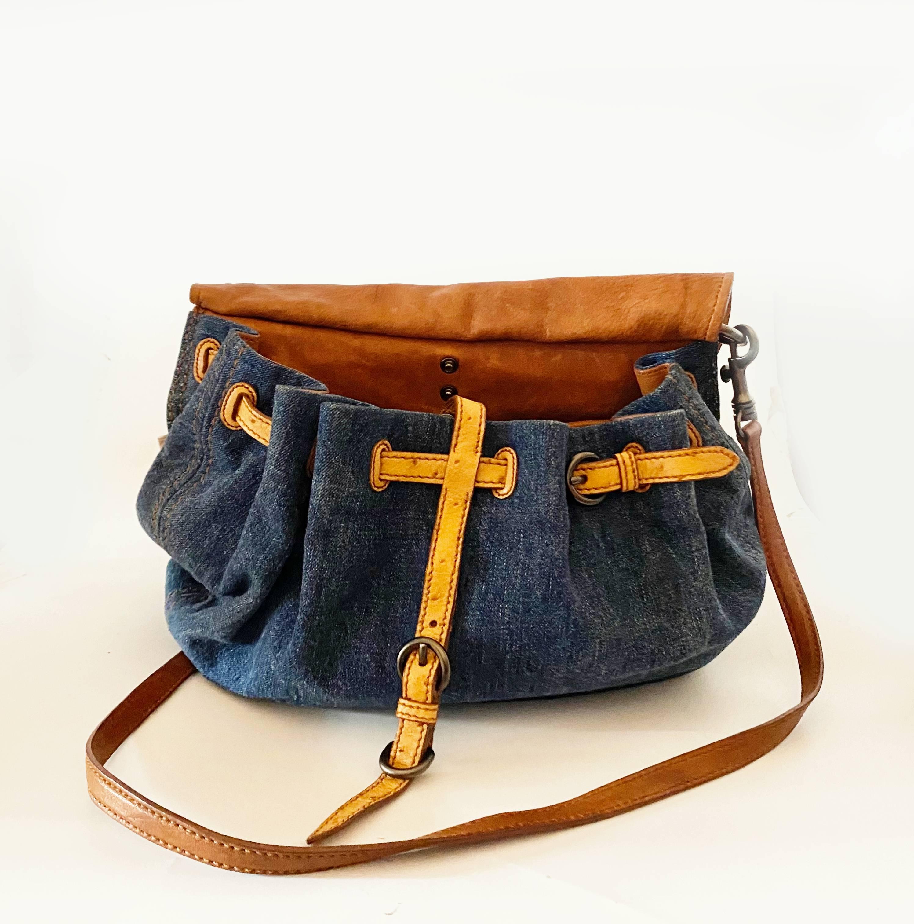 2000s miu miu Leather and Denim Hobo Bag 4