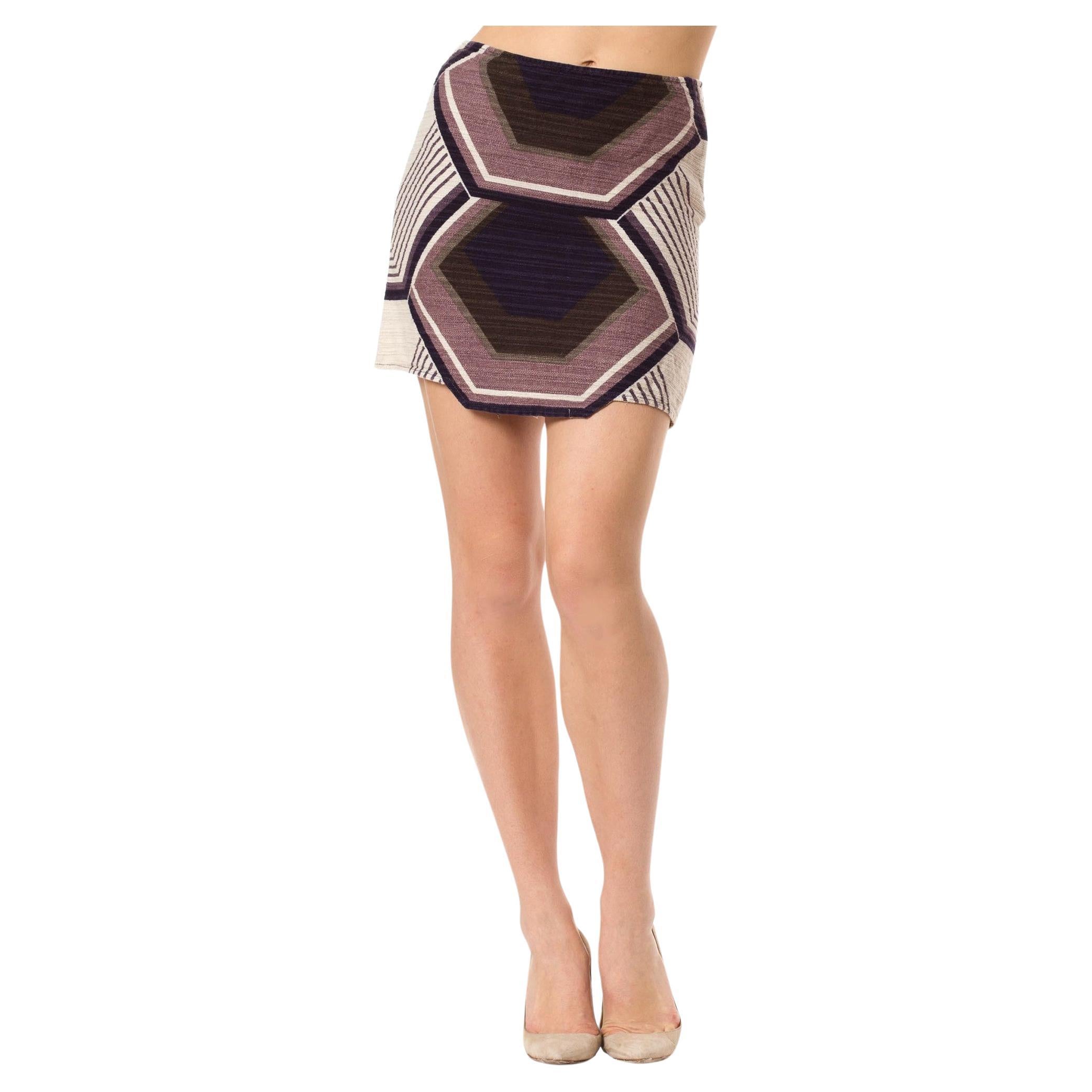 2000S MIU MIU Purple & Ivory Cotton Barkcloth Mini Skirt For Sale