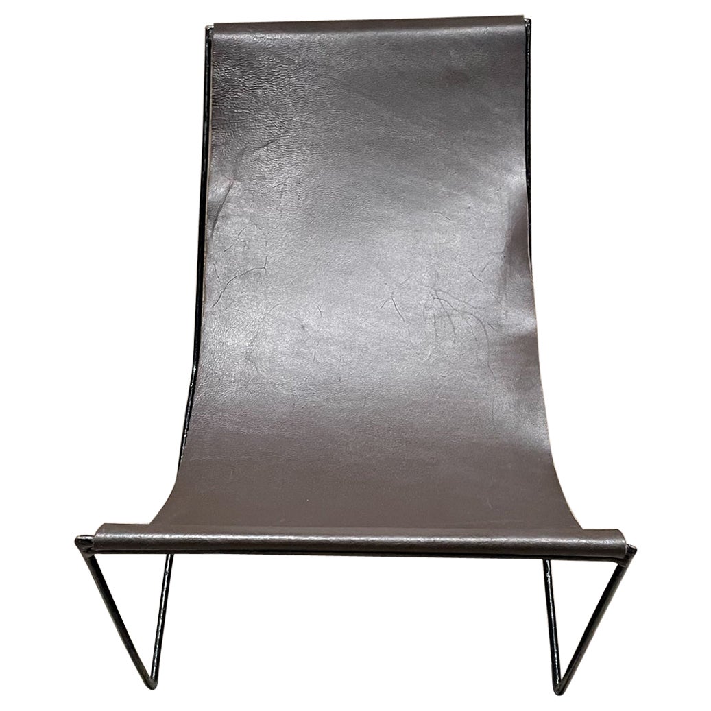 2000s Modern Studio Lounge Chair Brown Leather Sling Iron