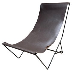 2000s Modern Studio Lounge Chair Brown Leather Sling Iron