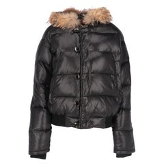 2000s Moncler shiny black down jacket with fur-finisher edges hood