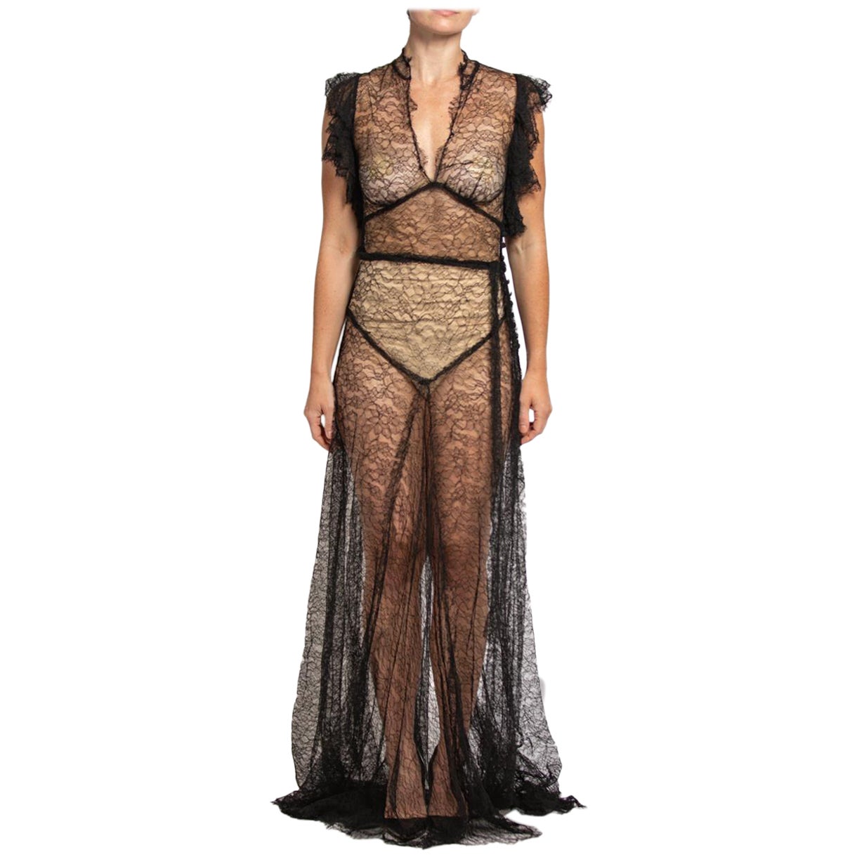 2000S MONIQUE LHUILLIER Schwarzer durchsichtiger Rayon & Nylon Zarte Spitze 1930S Stil Kleid