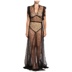 2000S MONIQUE LHUILLIER Schwarzer durchsichtiger Rayon & Nylon Zarte Spitze 1930S Stil Kleid