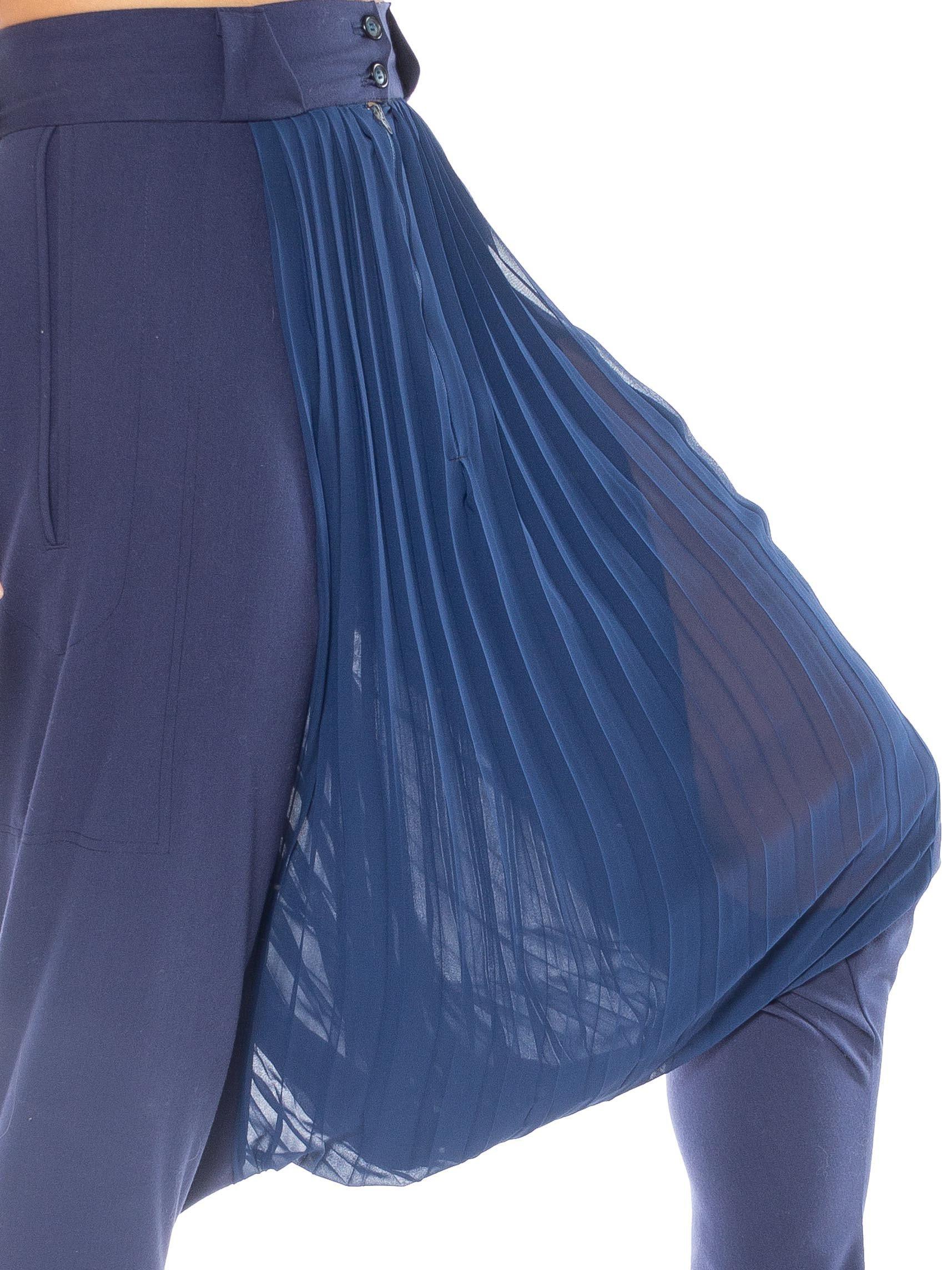 MORPHEW COLLECTION Blue  Pleated Polyester Chiffon & Wool Pants In Excellent Condition In New York, NY