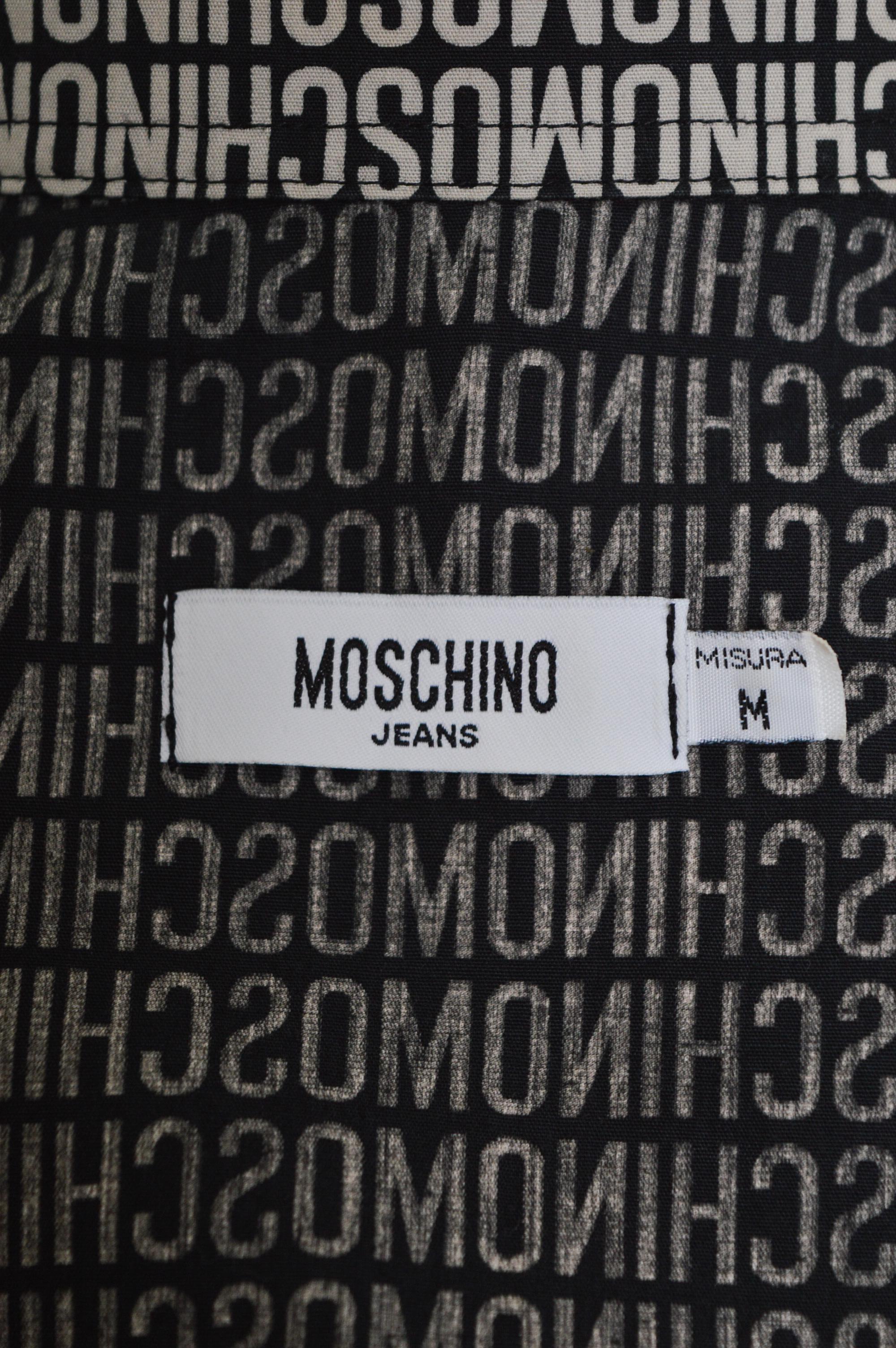 2000's MOSCHINO Black & off-White repeat Logo print long sleeve pattern Shirt en vente 7