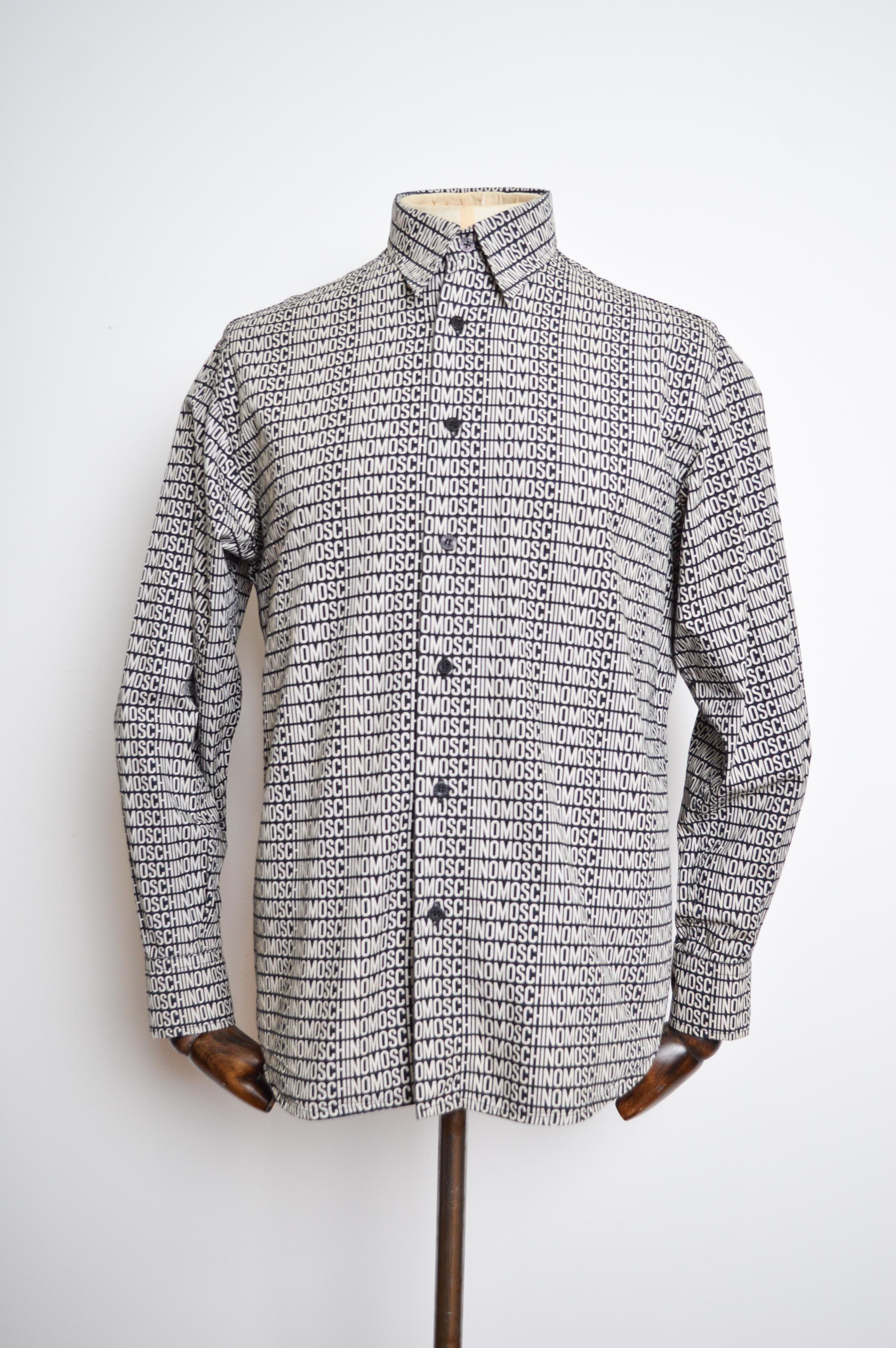2000's MOSCHINO Black & off-White repeat Logo print long sleeve pattern Shirt Bon état - En vente à Sheffield, GB