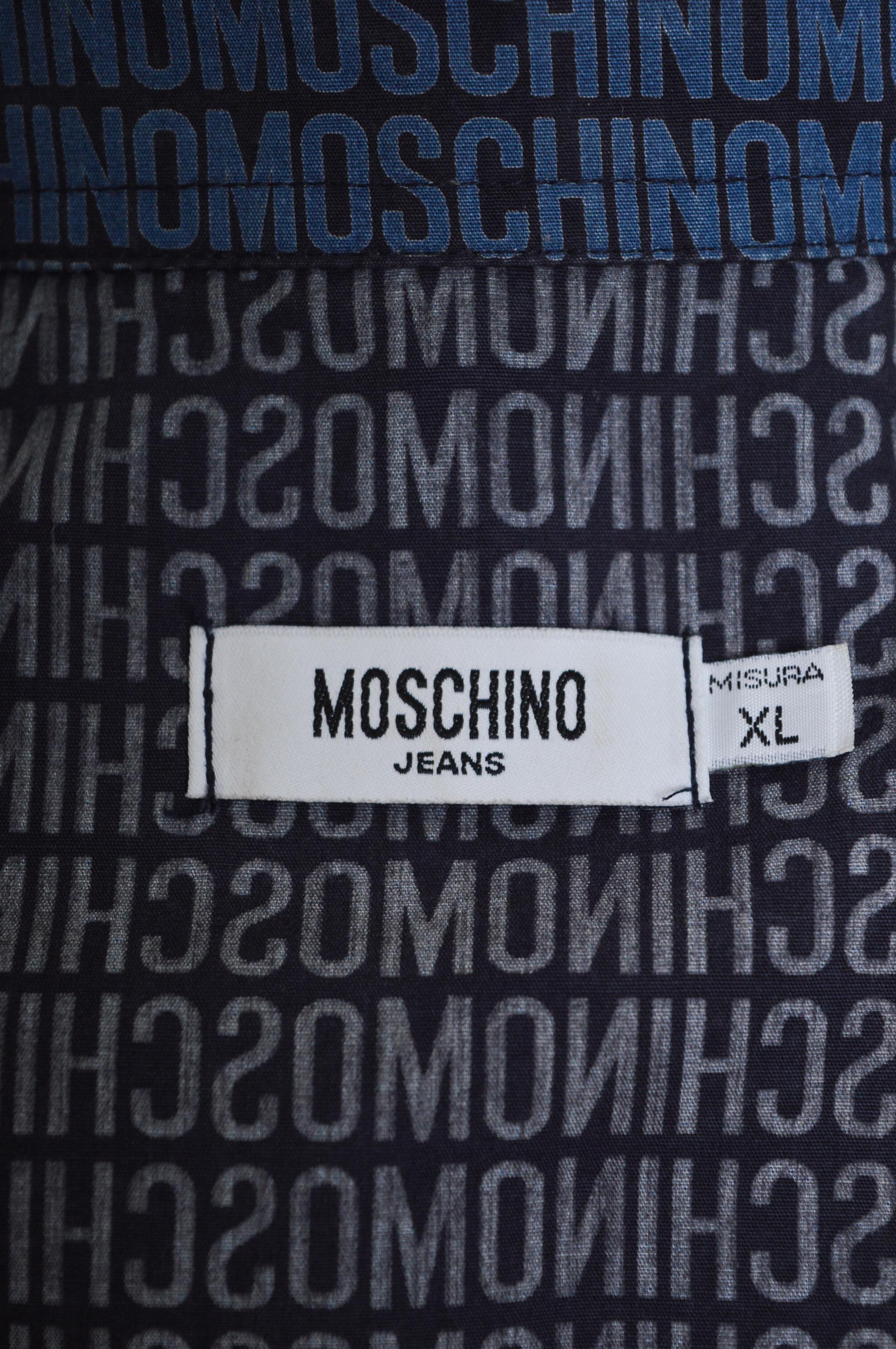 2000's MOSCHINO Blue & Navy Vintage repeat Logo print long sleeve pattern Shirt For Sale 6