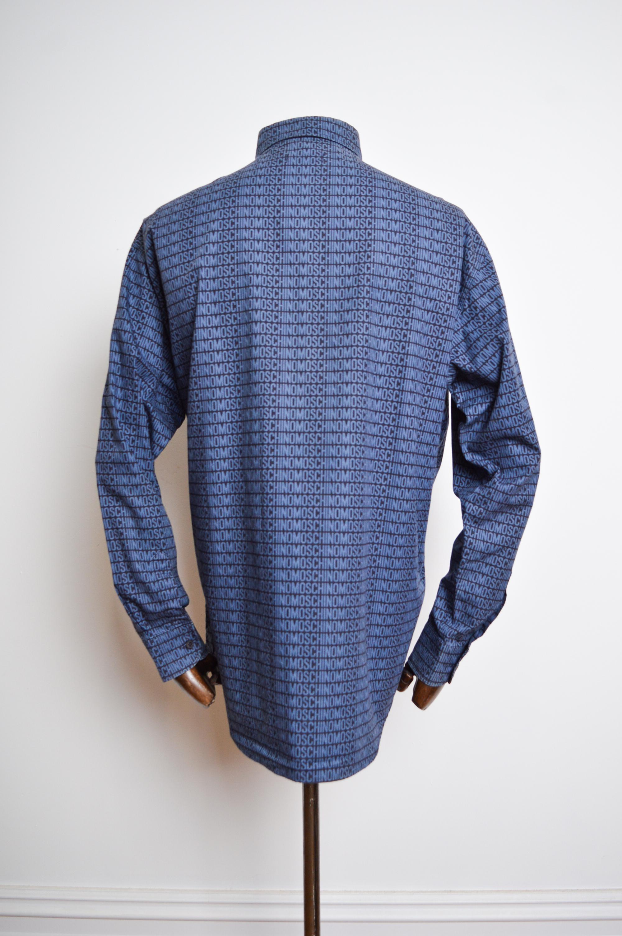 2000's MOSCHINO Blue & Navy Vintage repeat Logo print long sleeve pattern Shirt For Sale 3