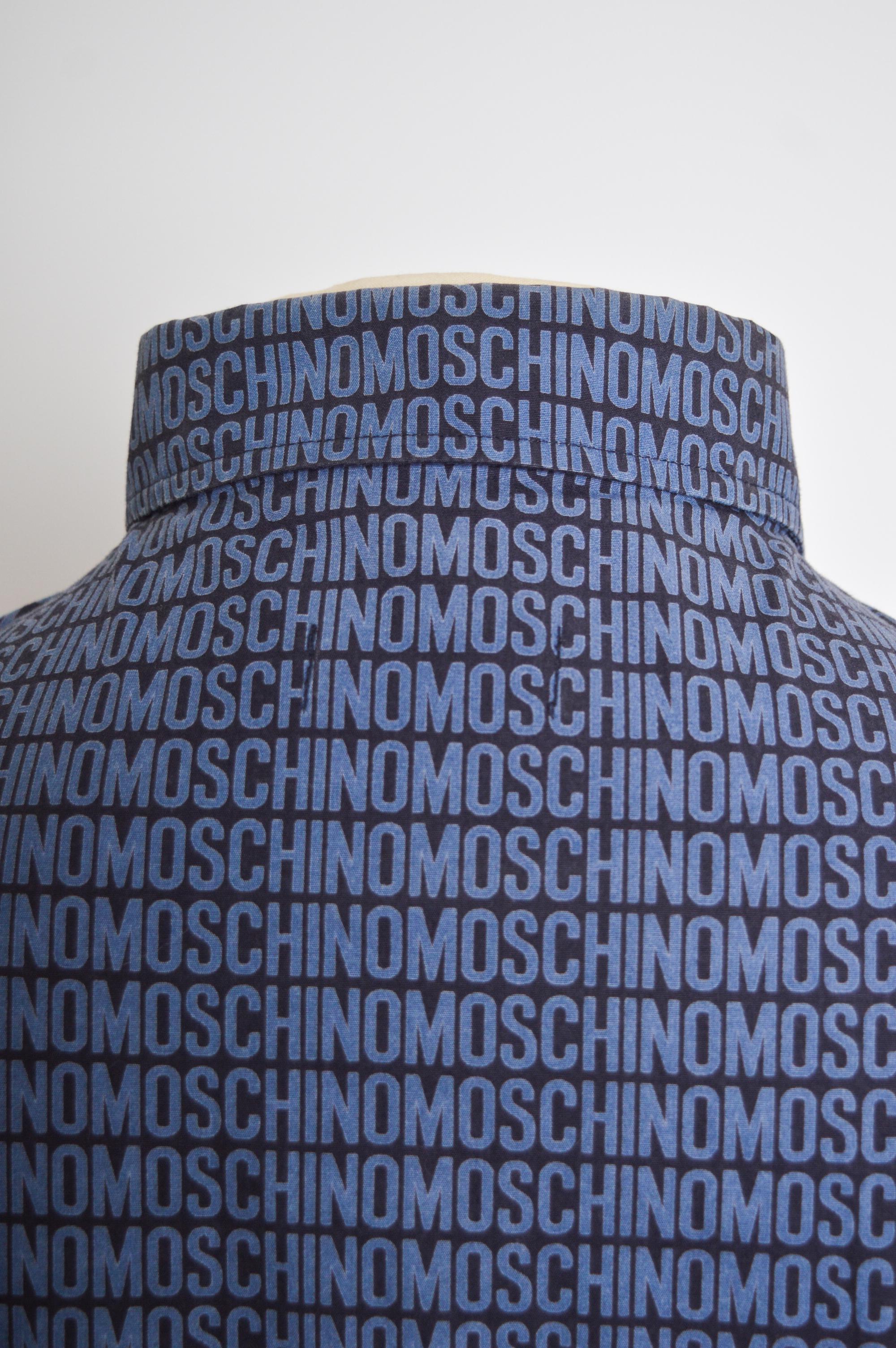 2000's MOSCHINO Blue & Navy Vintage repeat Logo print long sleeve pattern Shirt For Sale 4