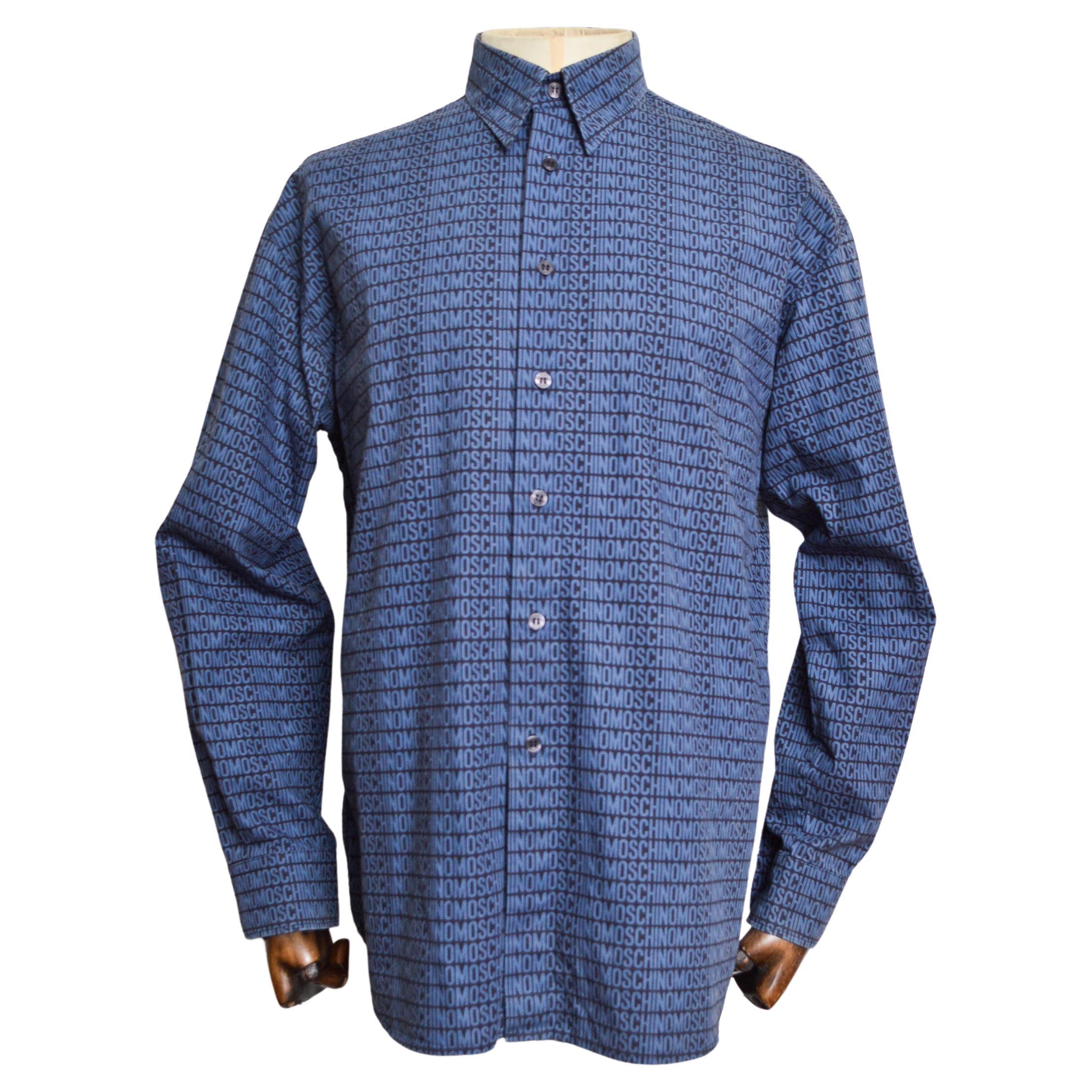 2000's MOSCHINO Blue & Navy Vintage repeat Logo print long sleeve pattern Shirt For Sale
