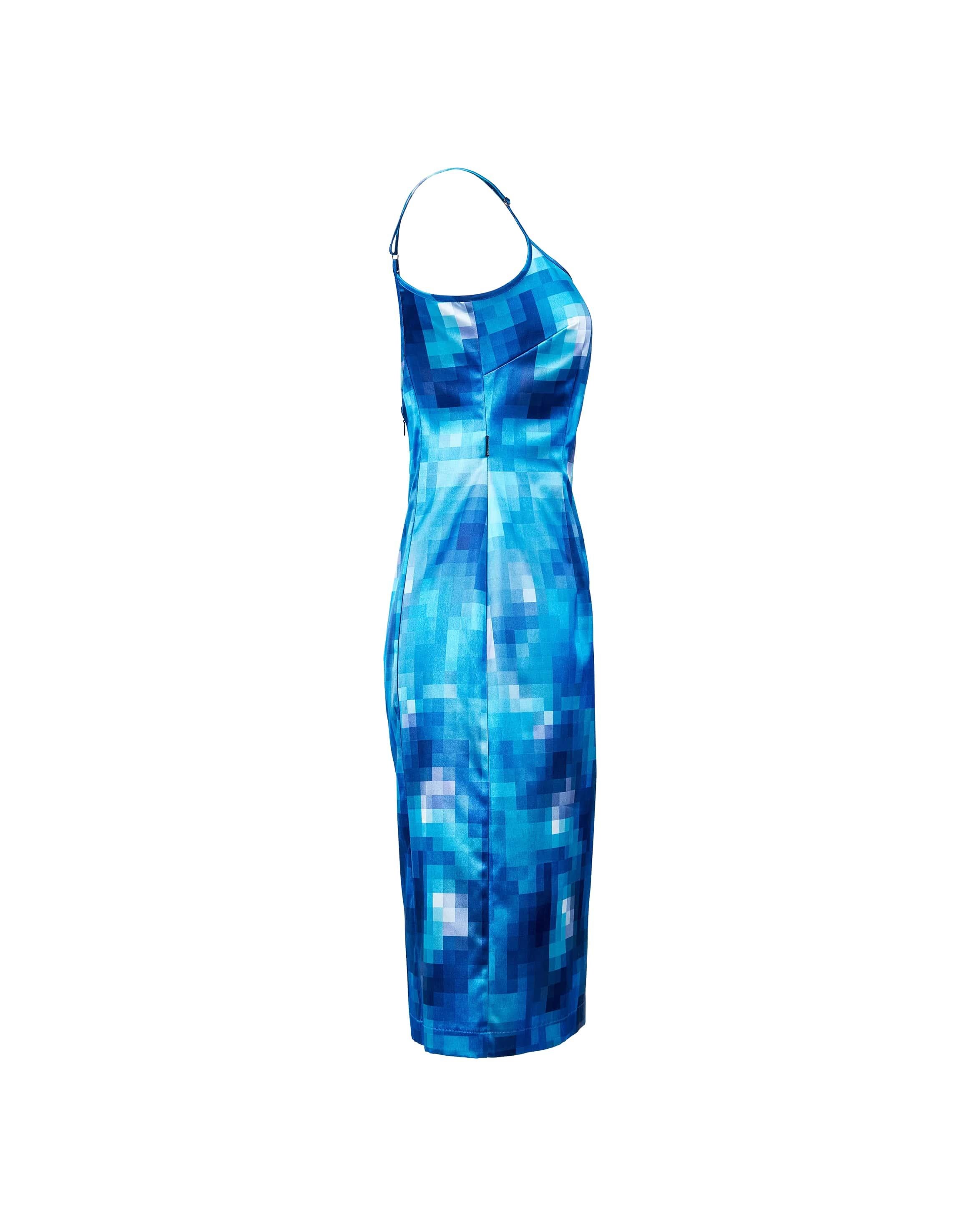 2000's Moschino Jeans blue pixel gradient pattern midi dress. Adjustable spaghetti straps and fitted waist with hidden back zip closure. Fabric contents unmarked; feels like silk blend with moderate stretch throughout. 
