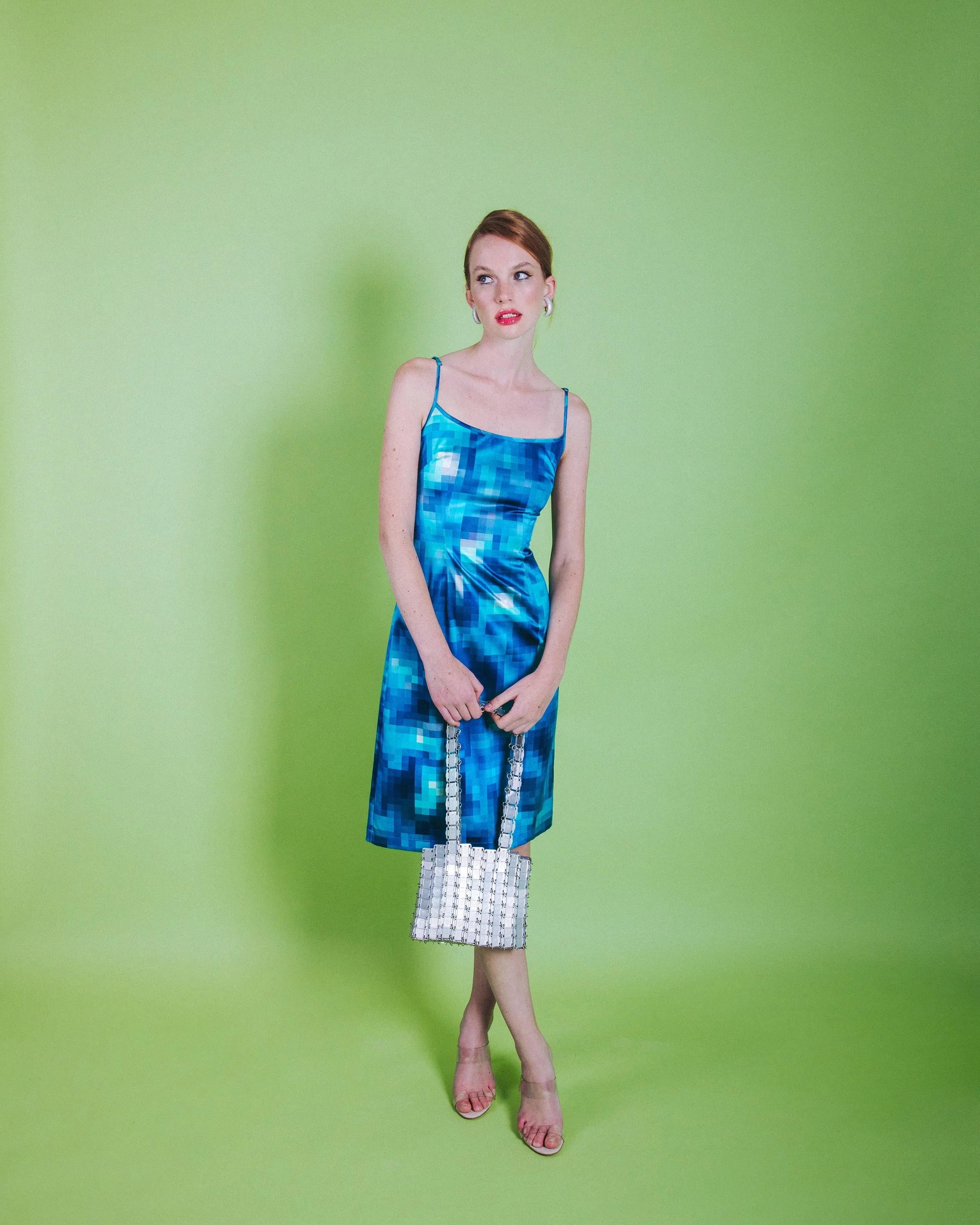 2000's Moschino Blue Pixel Gradient Pattern Midi Dress 1
