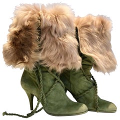 2000s Moschino  green suede fur knee high stiletto boots 