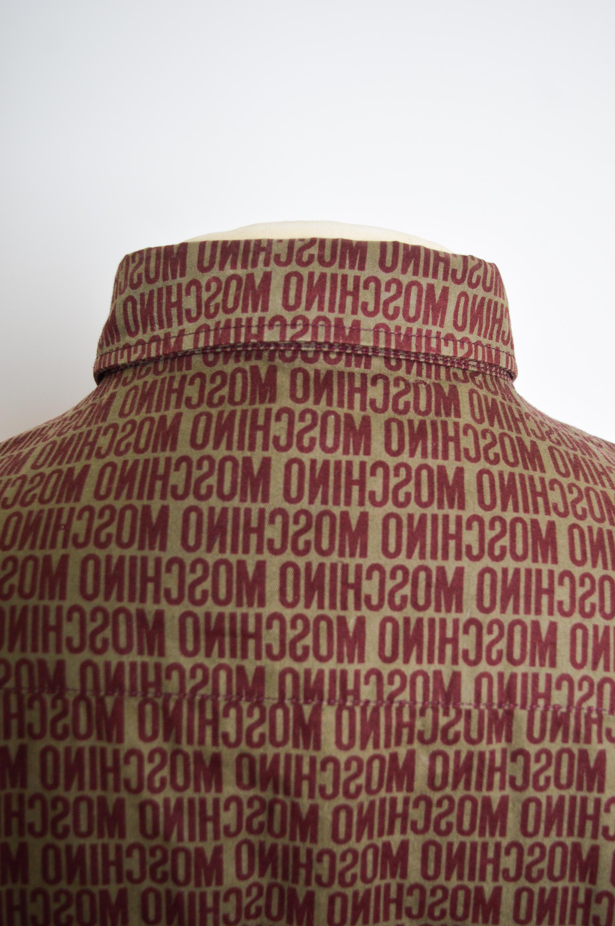 2000's MOSCHINO Khaki Burgundy repeat Logo print long sleeve pattern Shirt For Sale 6