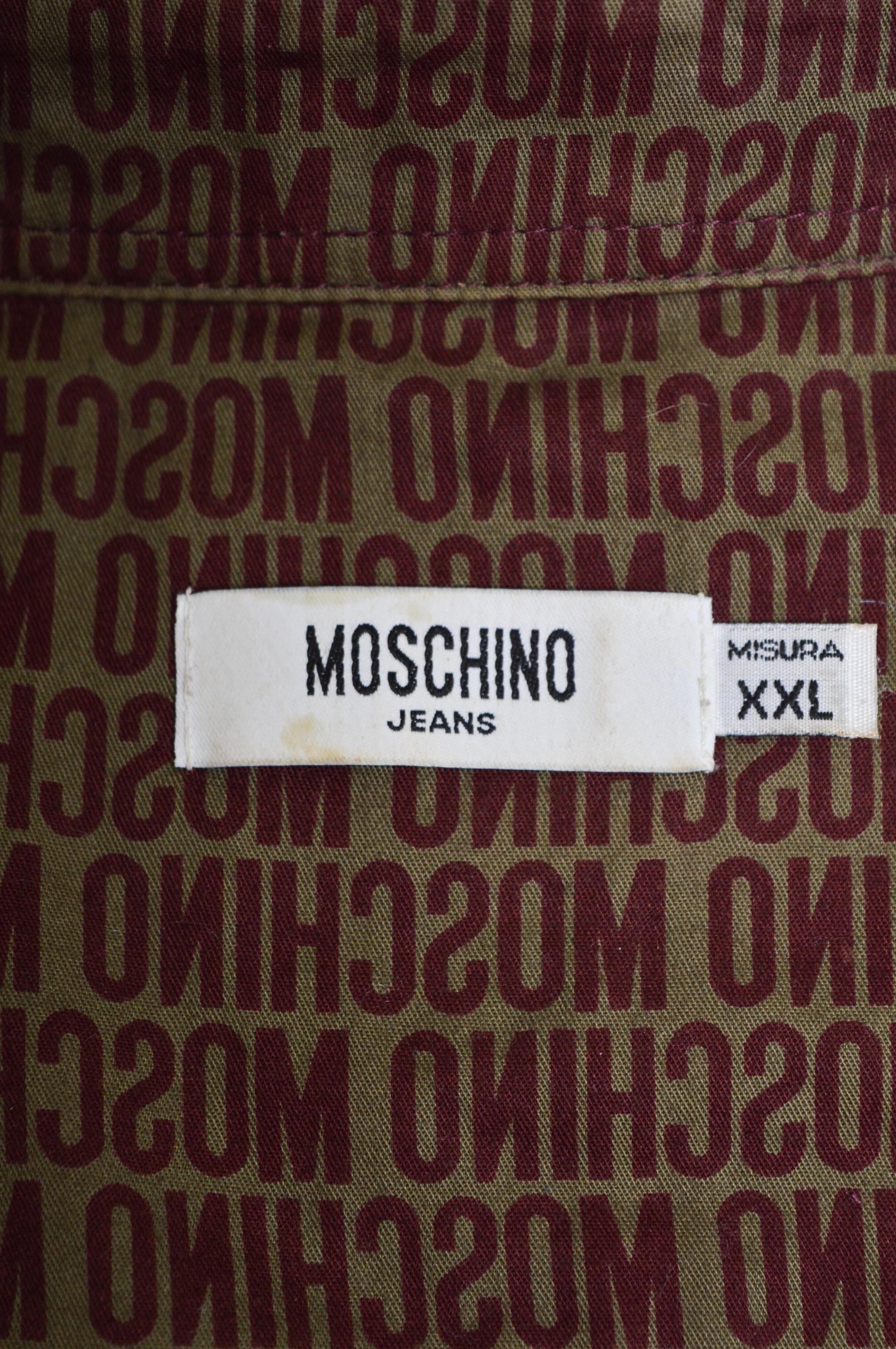 2000's MOSCHINO Khaki Burgundy repeat Logo print long sleeve pattern Shirt For Sale 7