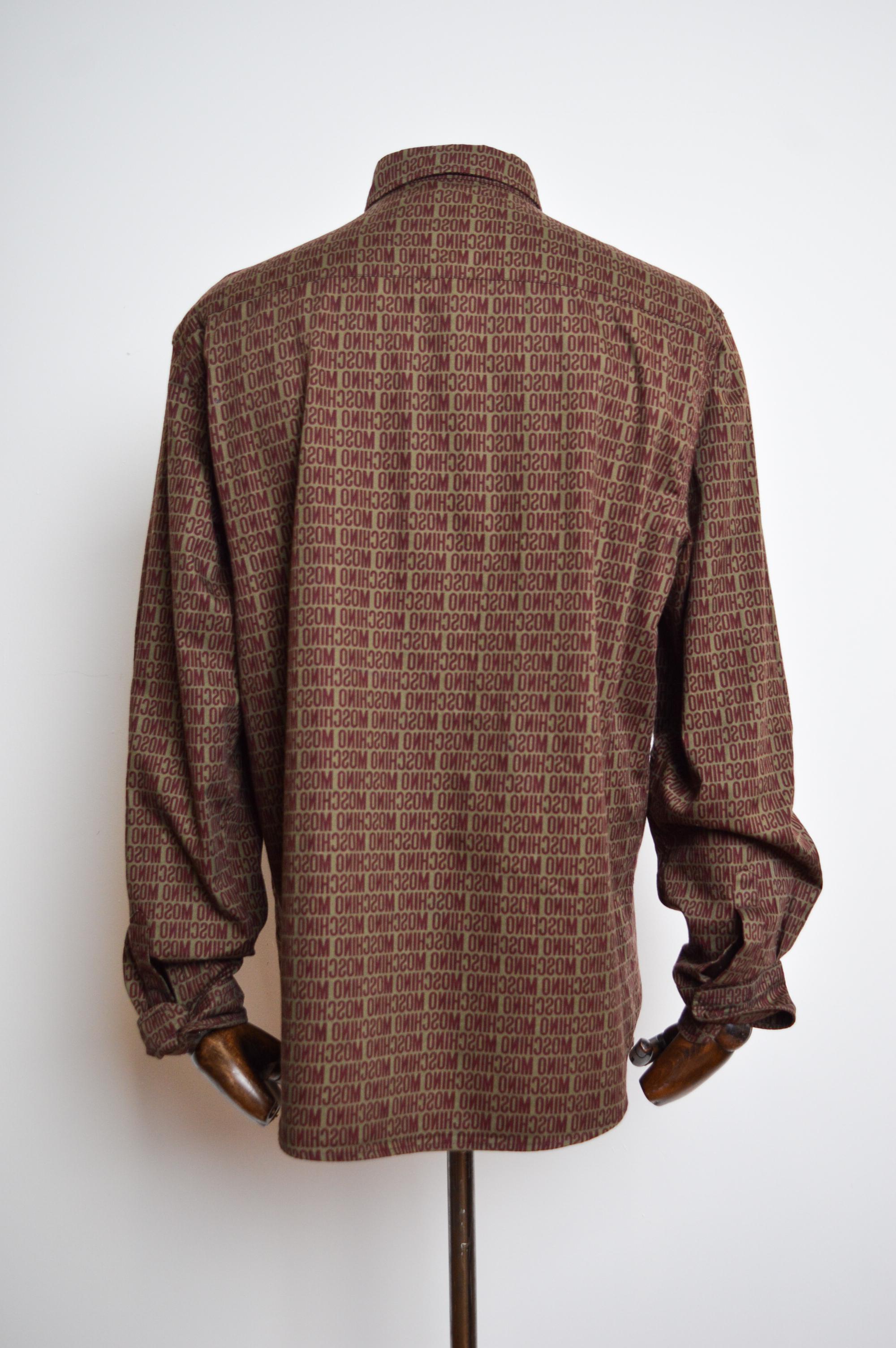 2000's MOSCHINO Khaki Burgundy repeat Logo print long sleeve pattern Shirt For Sale 5