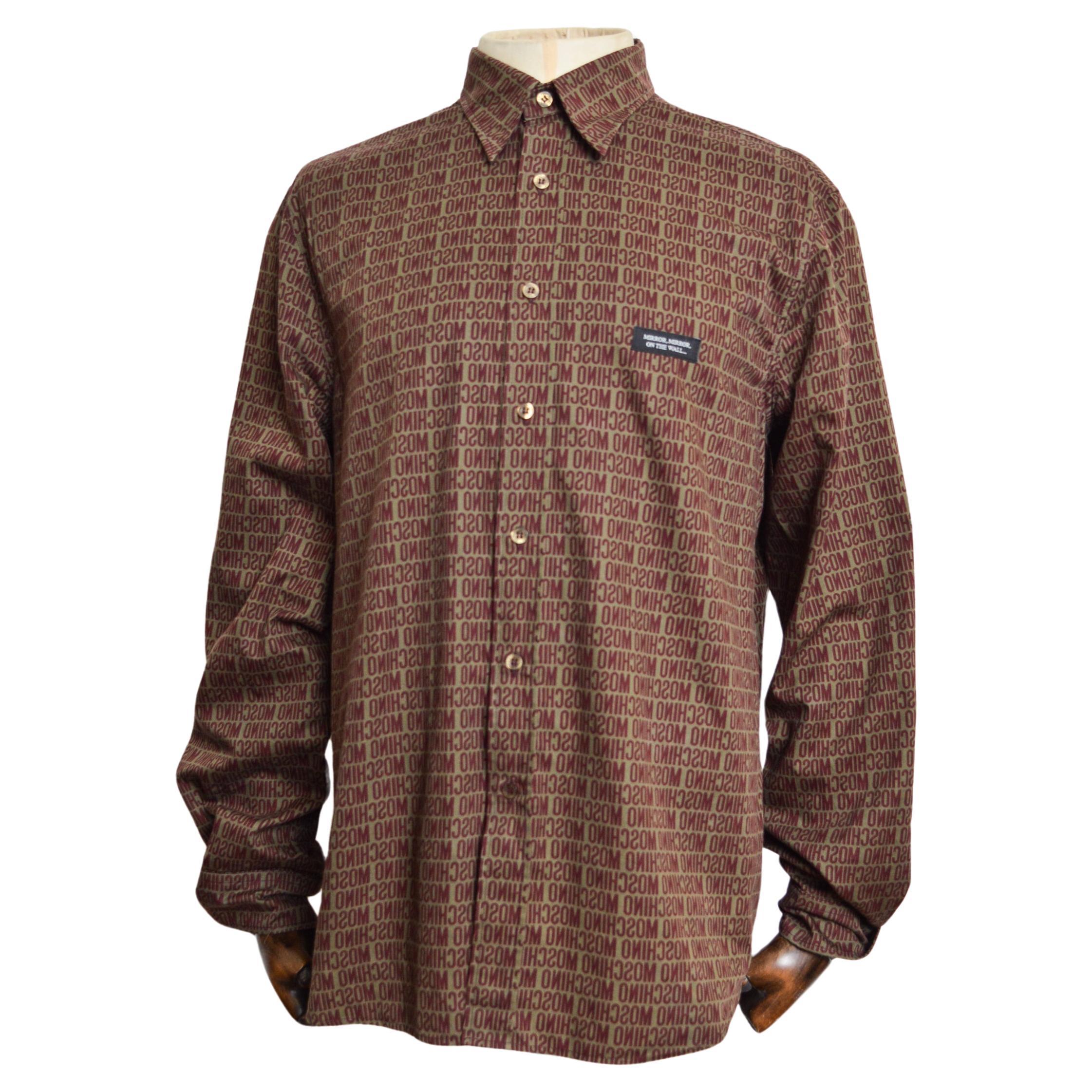 2000's MOSCHINO Khaki Burgundy repeat Logo print long sleeve pattern Shirt For Sale