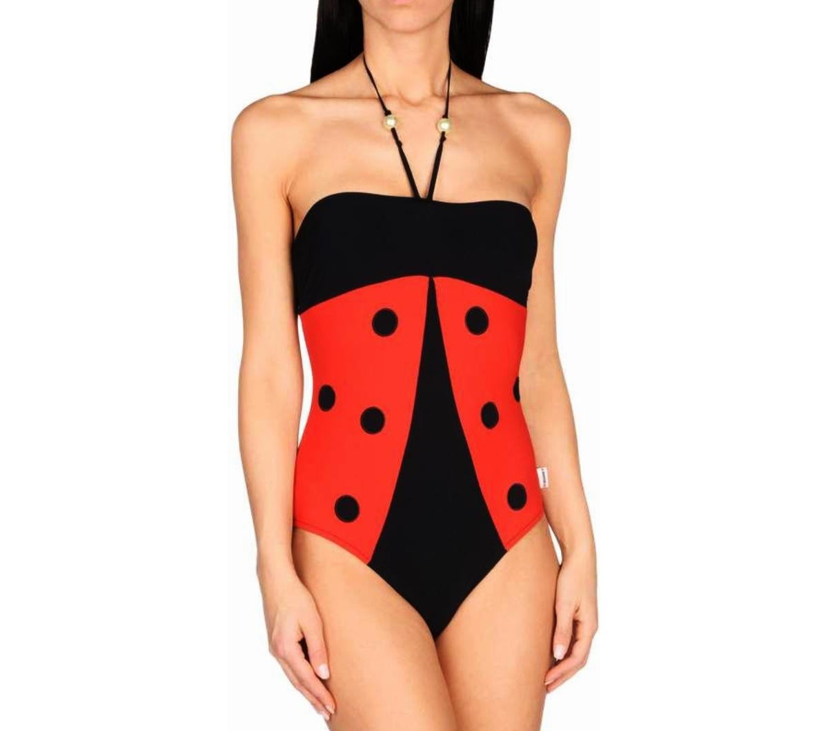 2000s Moschino Ladybird One Piece Swimsuit, the condition is new without tags. Original hygiene tape in place, synthetic jersey, beaded, logo, polka dots, self-tie closure, fully lined, stretch. 73% Polyamide, 27% Elastane

Size: 
Italian 1 - XS / S